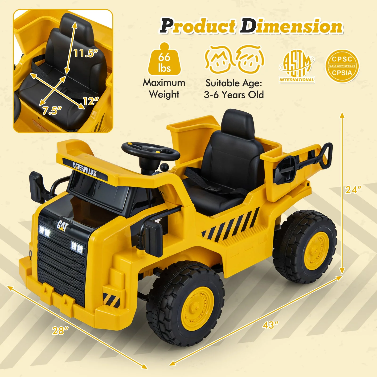 12V Caterpillar Licensed Kids Ride on Dump Truck with Tiltable Bump Bed-Yellow - Image 5