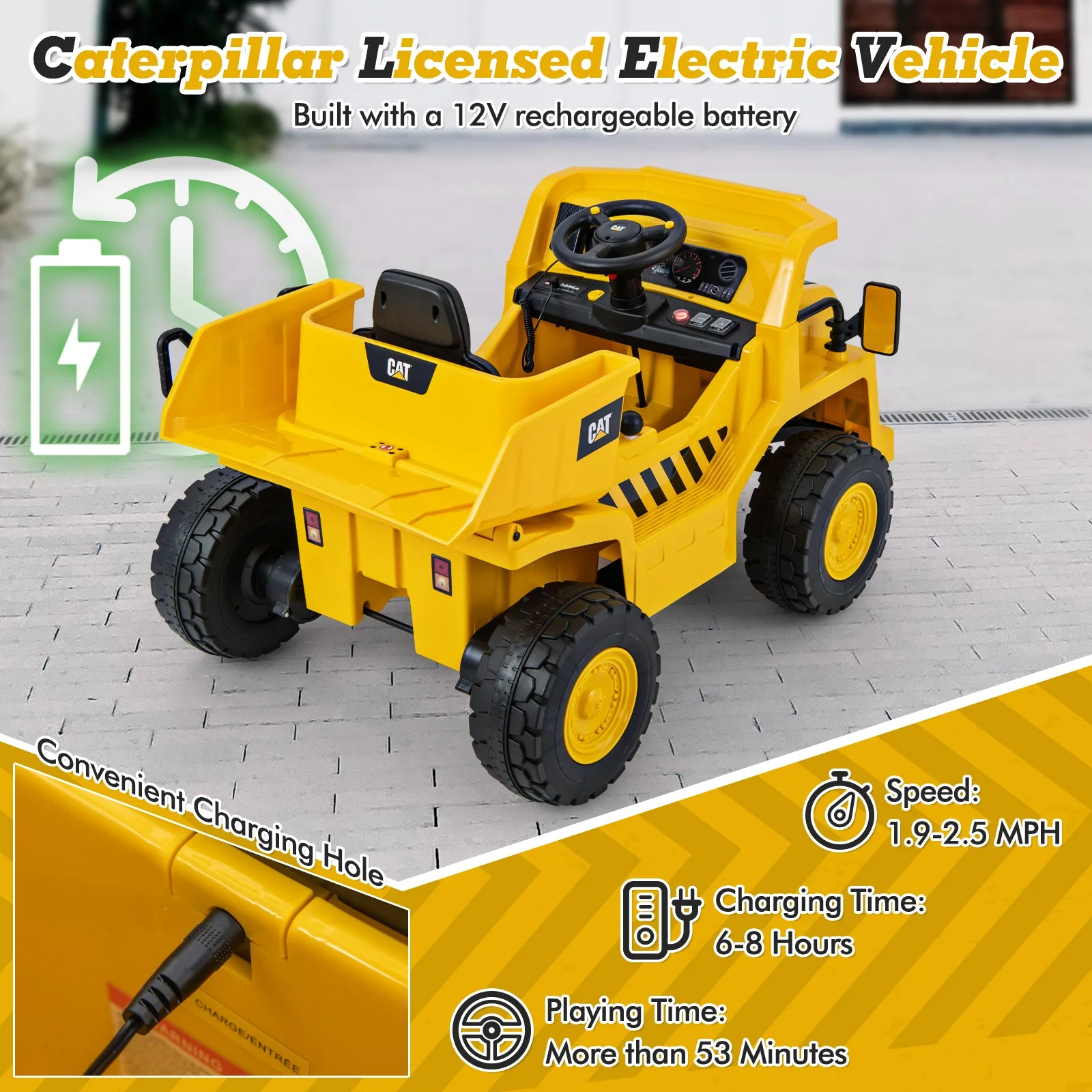 12V Caterpillar Licensed Kids Ride on Dump Truck with Tiltable Bump Bed-Yellow - Image 6