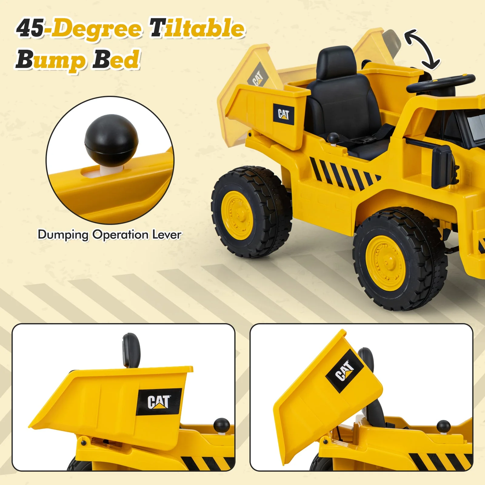 12V Caterpillar Licensed Kids Ride on Dump Truck with Tiltable Bump Bed-Yellow - Image 7