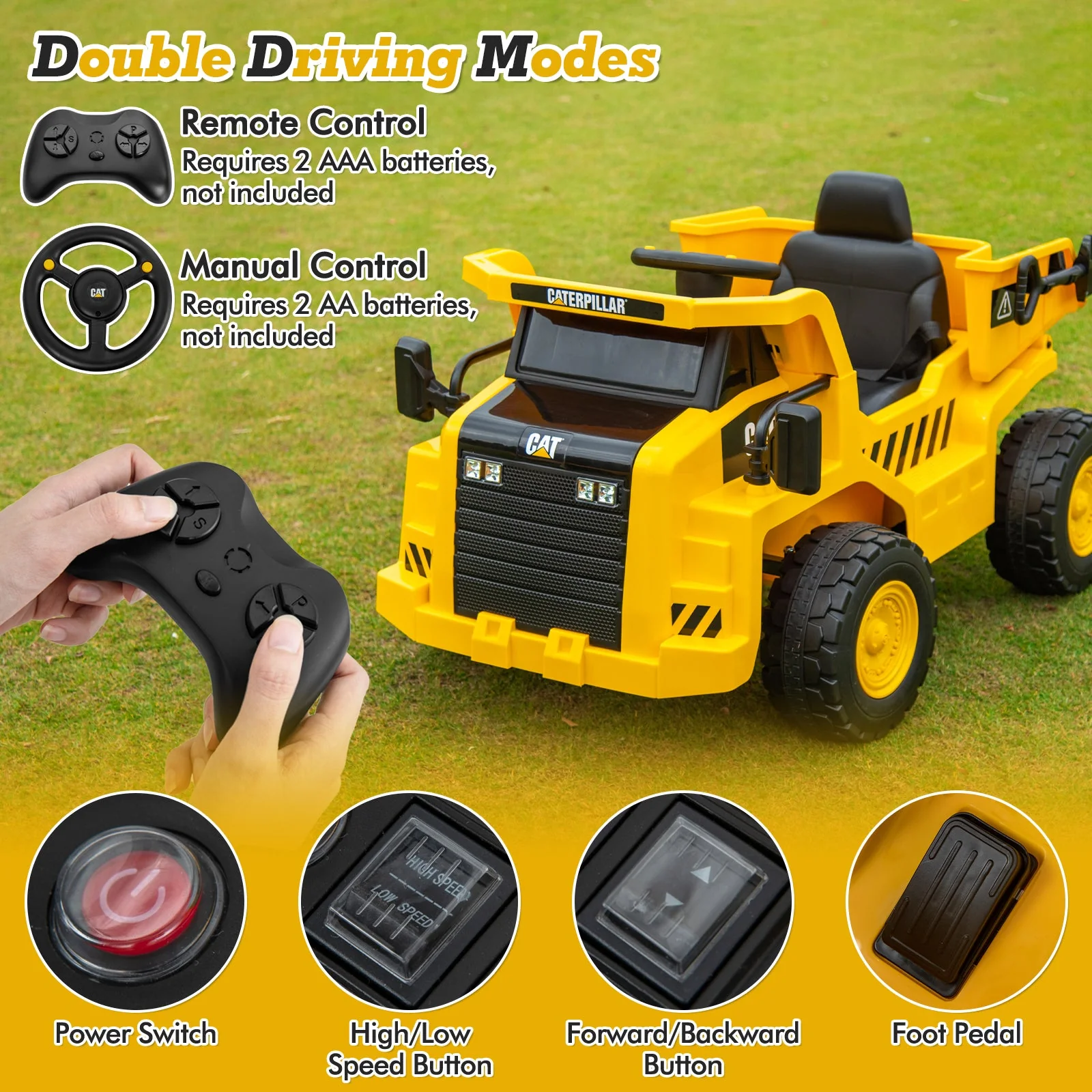 12V Caterpillar Licensed Kids Ride on Dump Truck with Tiltable Bump Bed-Yellow - Image 8