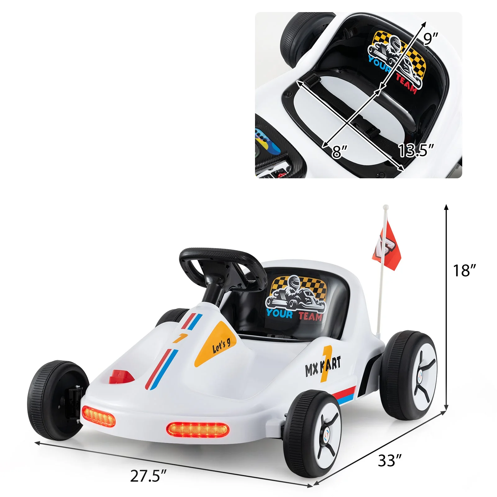 12V Electric Go Kart for Kids Race Toy with Remote Control and Music-White - Image 4