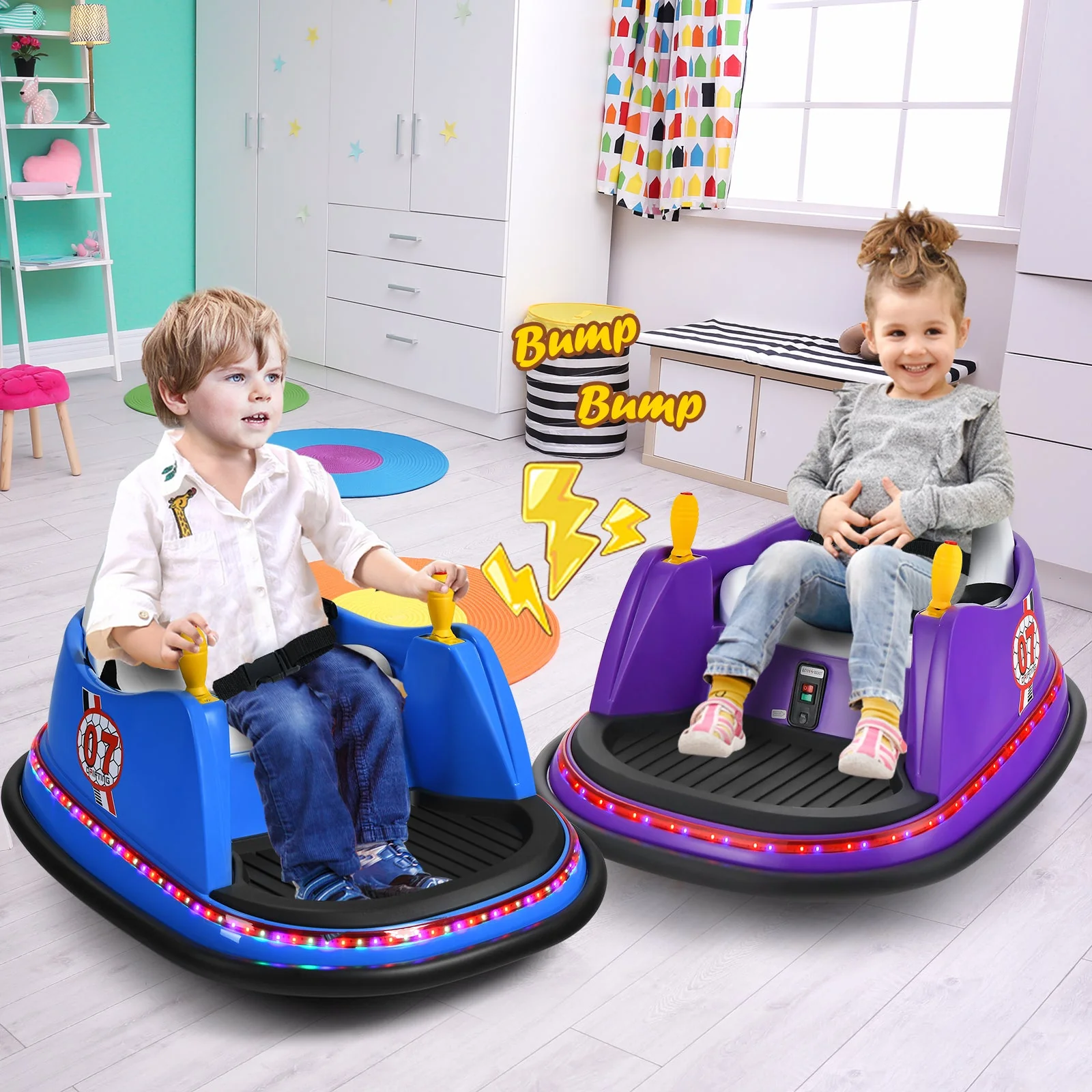 12V Electric Kids Ride On Bumper Car with Flashing Lights for Toddlers-Blue - Image 2
