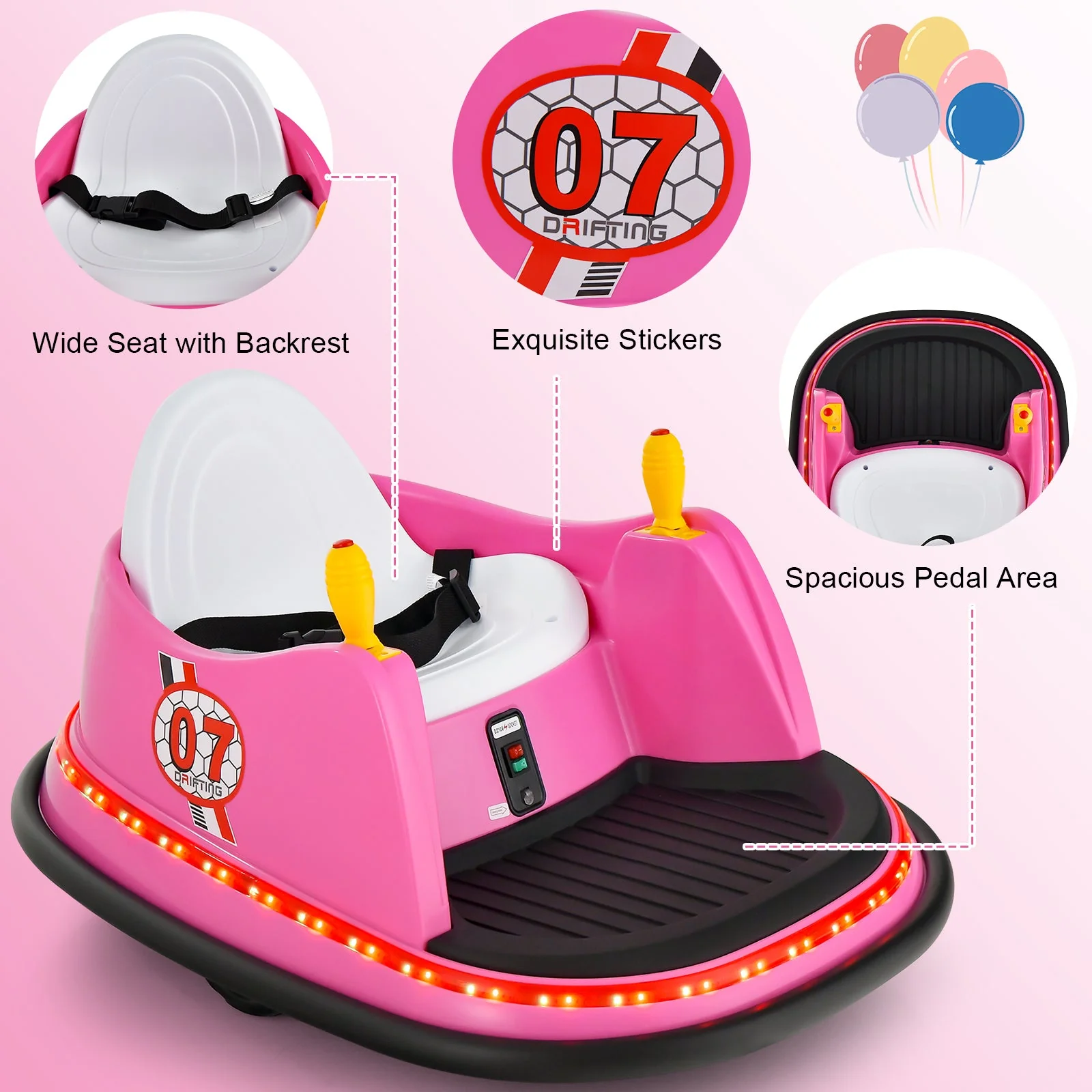 12V Electric Kids Ride On Bumper Car with Flashing Lights for Toddlers-Pink - Image 8