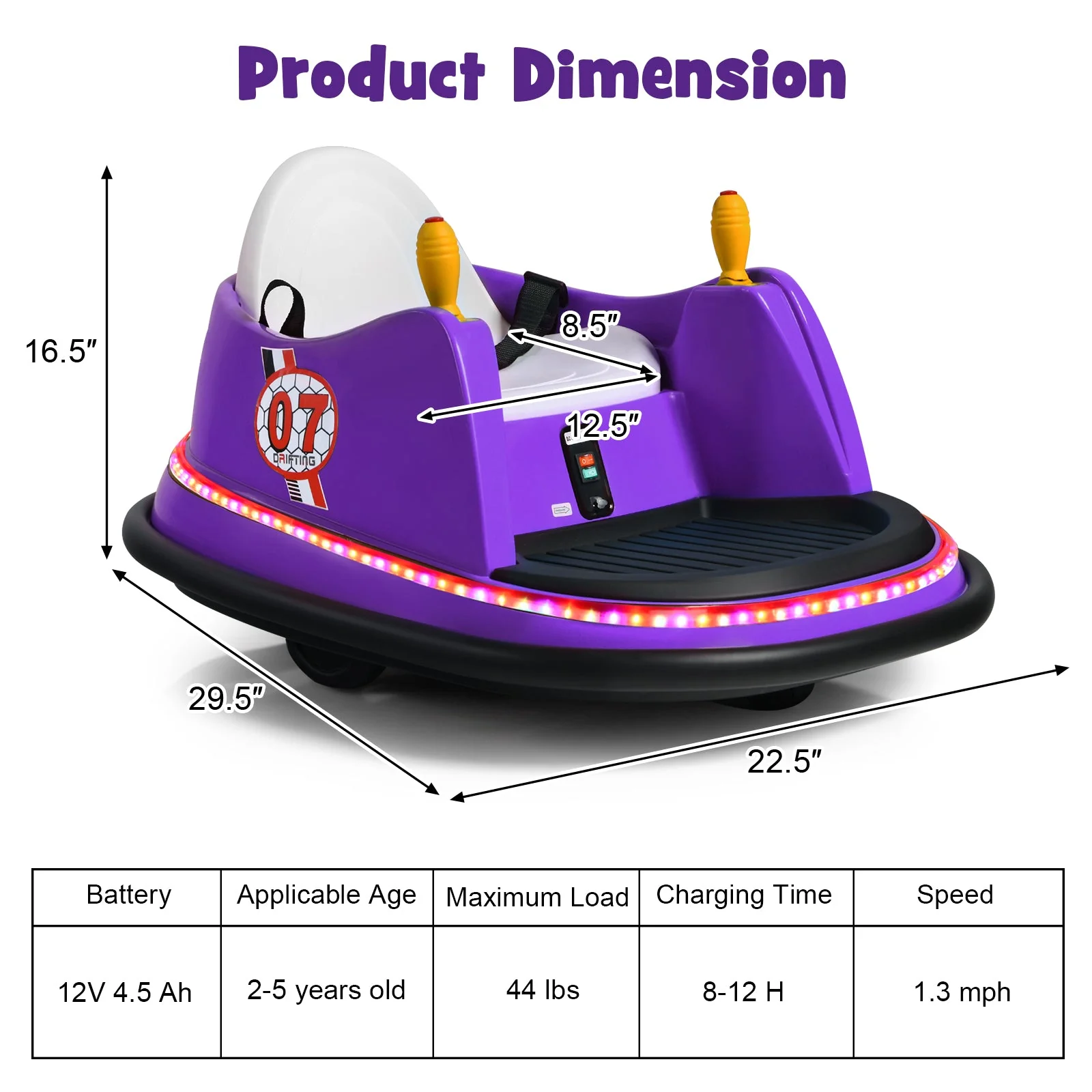 12V Electric Kids Ride On Bumper Car with Flashing Lights for Toddlers-Purple - Image 4