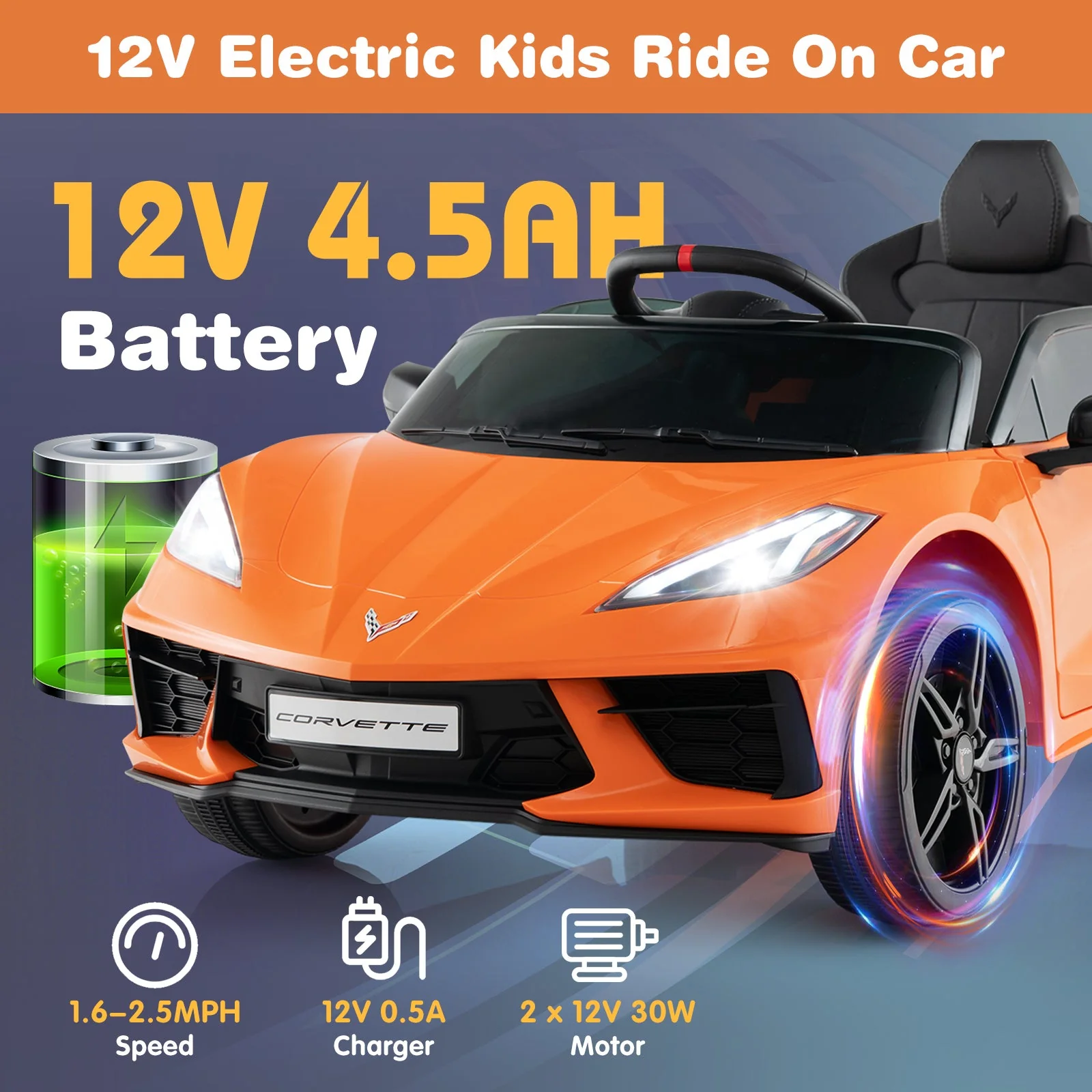 12V Electric Kids Ride On Car Licensed Chevrolet Corvette C8 with Remote Control Ages 3+ Years Old-Orange - Image 7