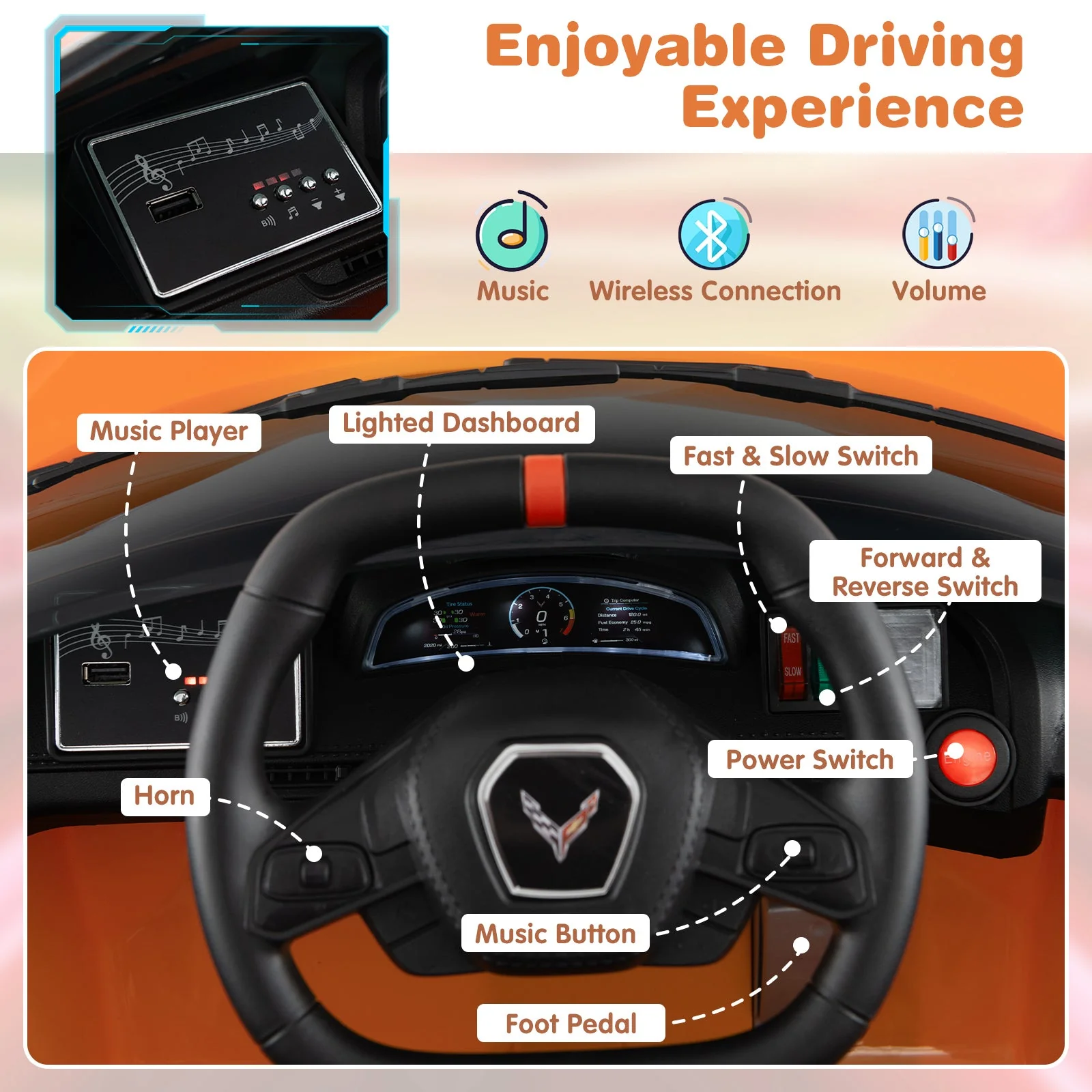 12V Electric Kids Ride On Car Licensed Chevrolet Corvette C8 with Remote Control Ages 3+ Years Old-Orange - Image 8
