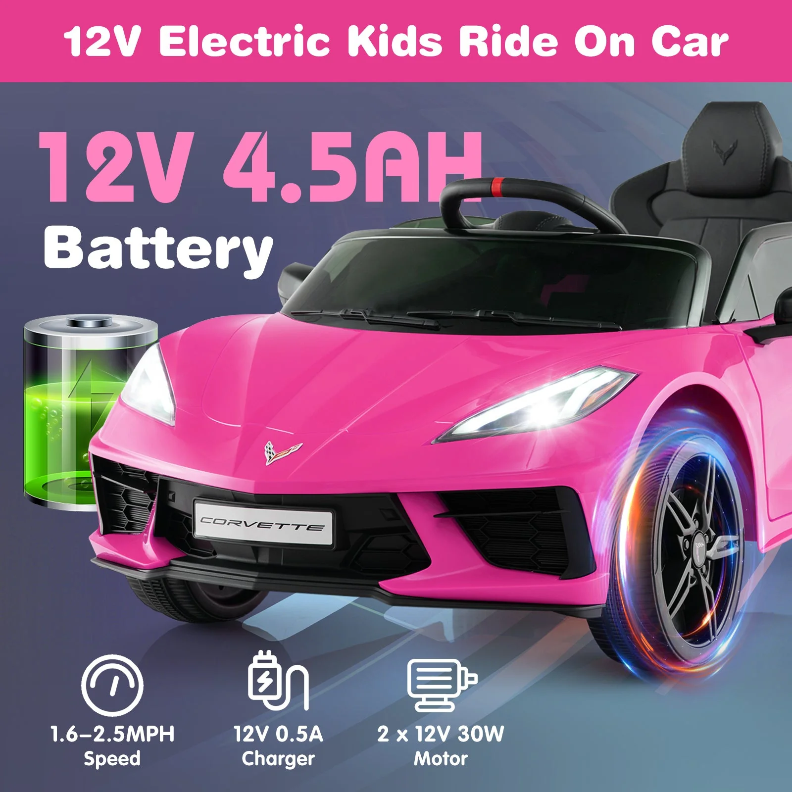 12V Electric Kids Ride On Car Licensed Chevrolet Corvette C8 with Remote Control Ages 3+ Years Old-Pink - Image 8