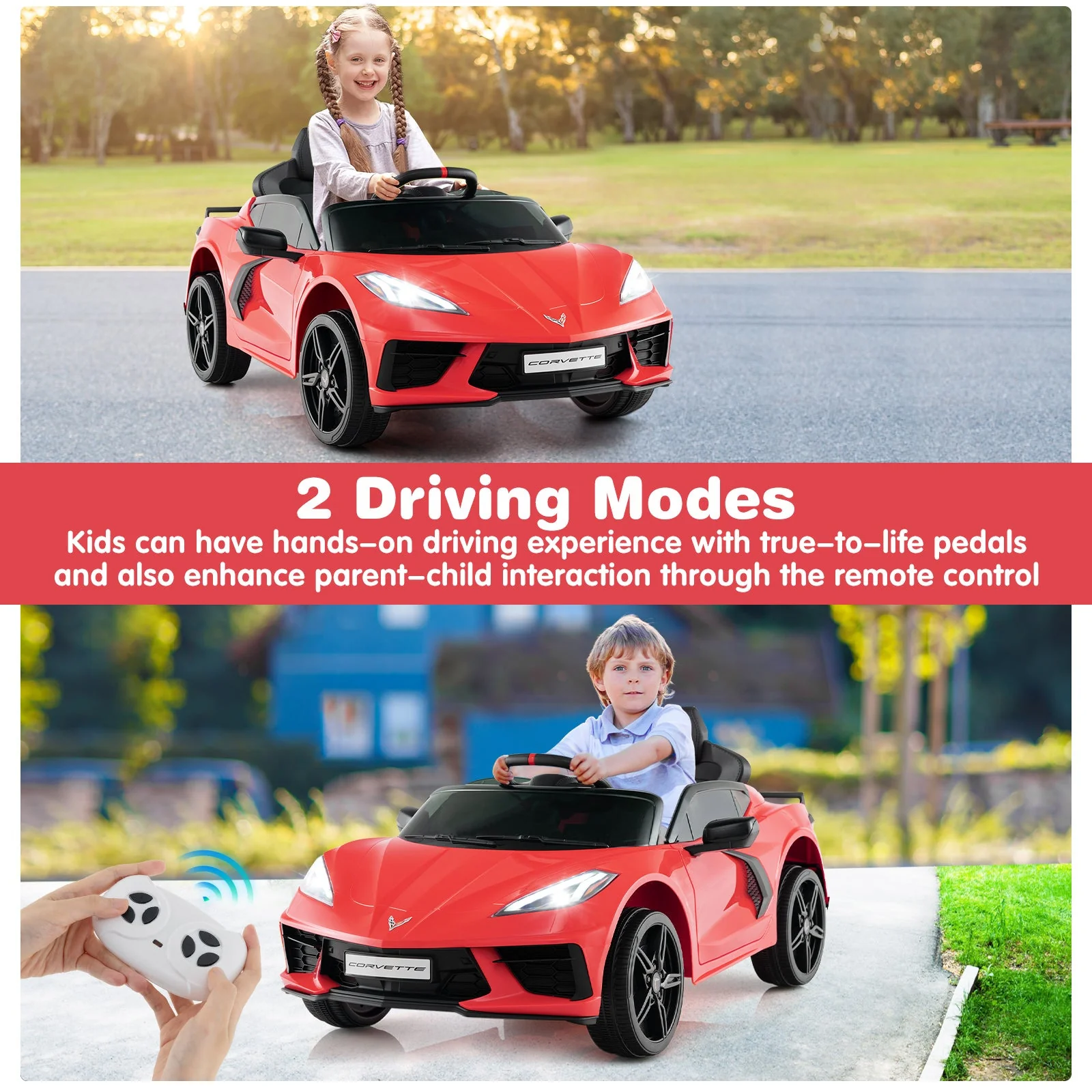 12V Electric Kids Ride On Car Licensed Chevrolet Corvette C8 with Remote Control Ages 3+ Years Old-Red - Image 7