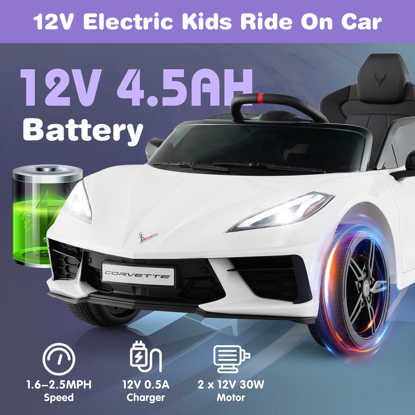 12V Electric Kids Ride On Car Licensed Chevrolet Corvette C8 with Remote Control Ages 3+ Years Old-White - Image 7