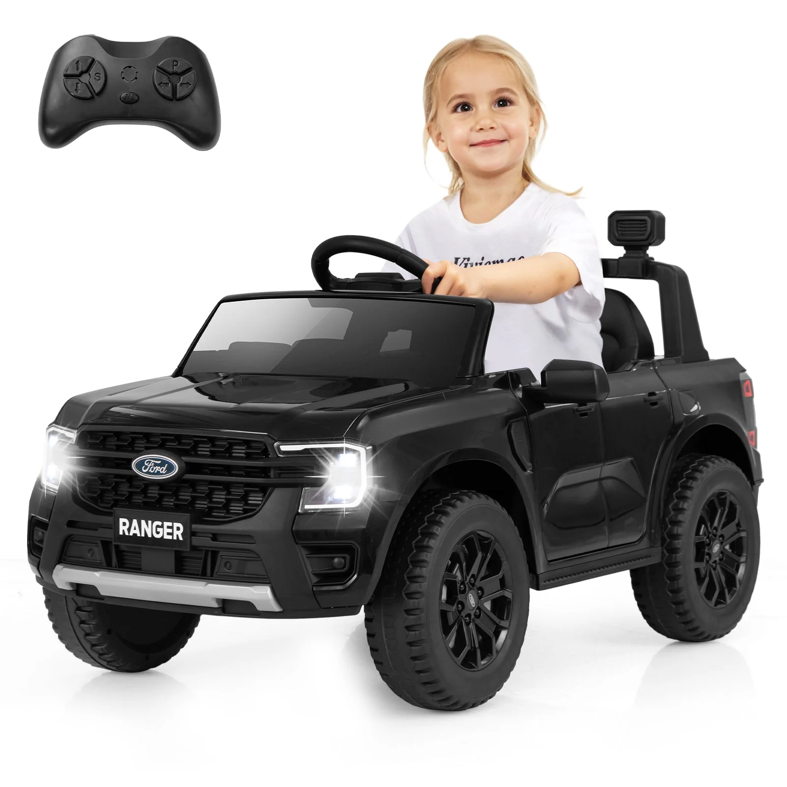 12V Electric Kids Ride on Car Licensed Ford Ranger with Remote Control and Music-Black - Image 2