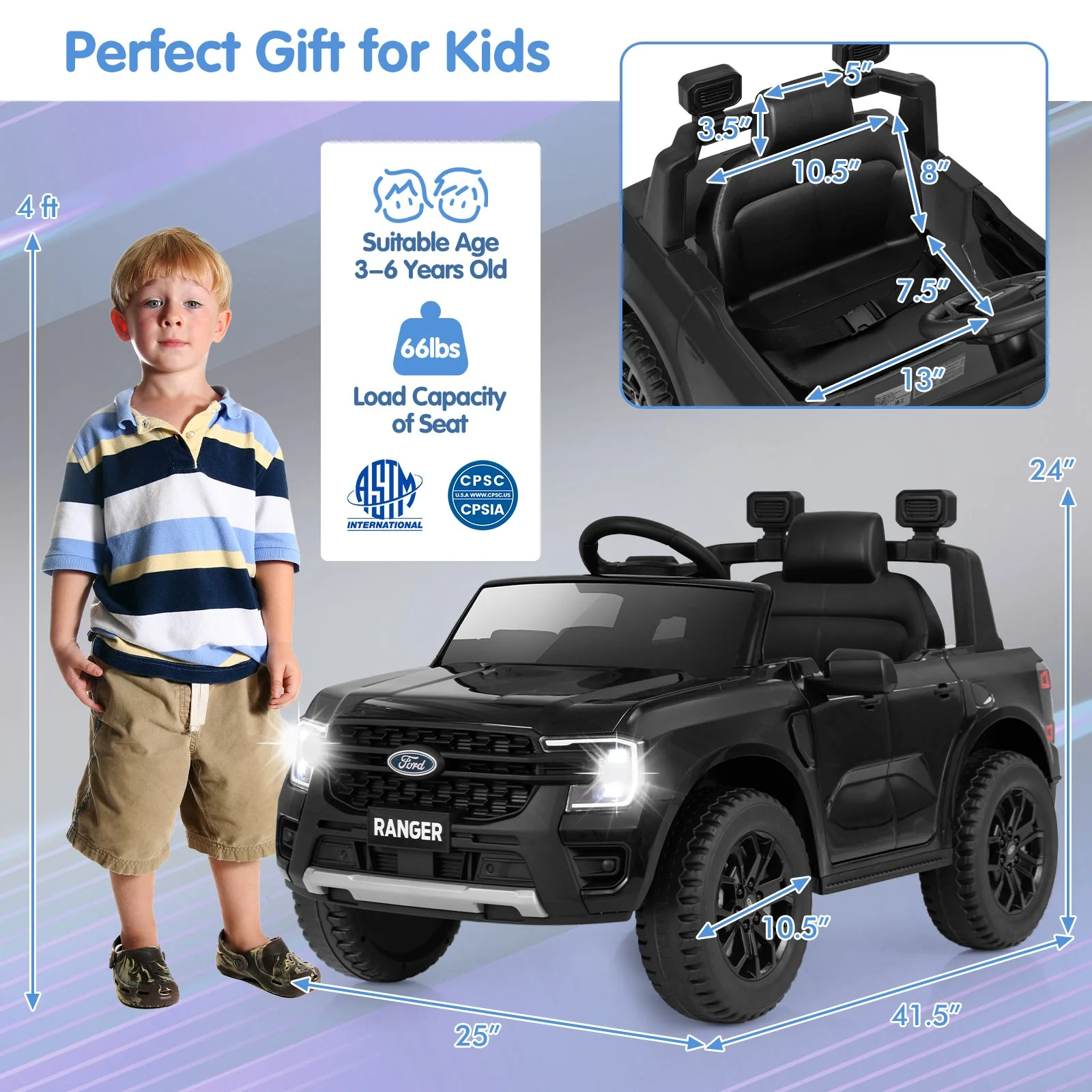 12V Electric Kids Ride on Car Licensed Ford Ranger with Remote Control and Music-Black - Image 4