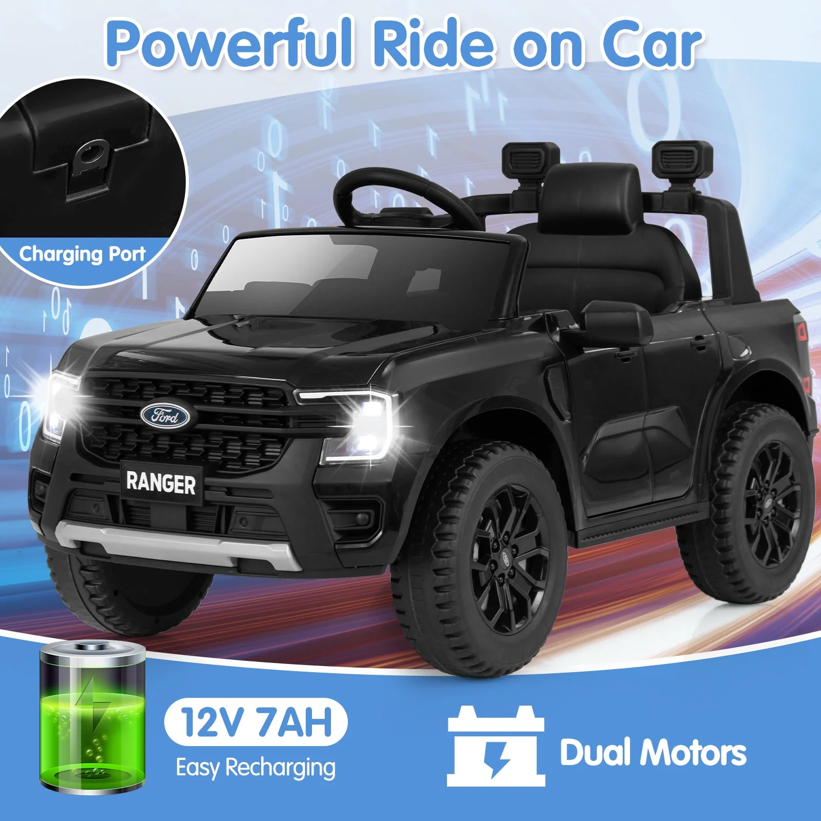 12V Electric Kids Ride on Car Licensed Ford Ranger with Remote Control and Music-Black - Image 5