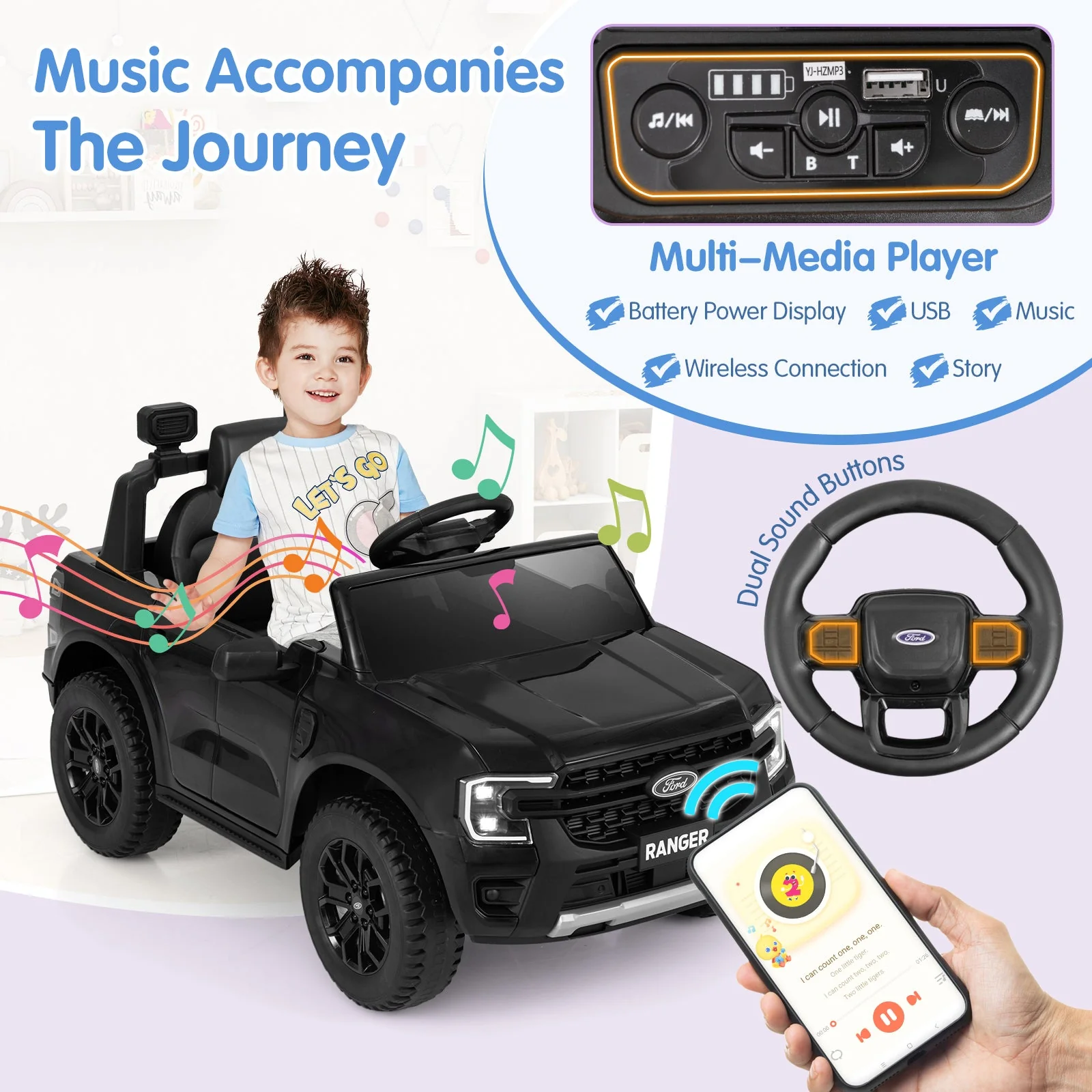 12V Electric Kids Ride on Car Licensed Ford Ranger with Remote Control and Music-Black - Image 6