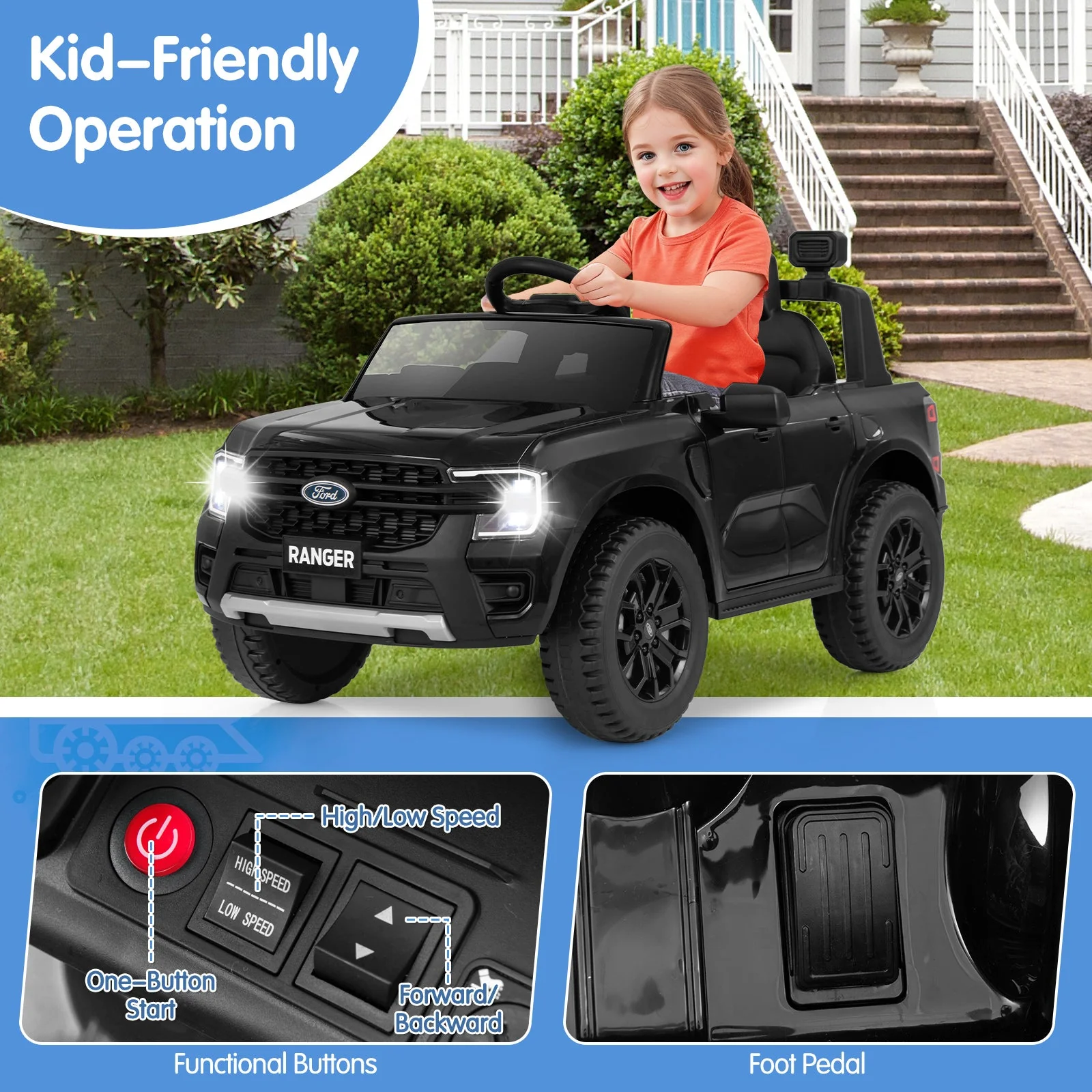 12V Electric Kids Ride on Car Licensed Ford Ranger with Remote Control and Music-Black - Image 7