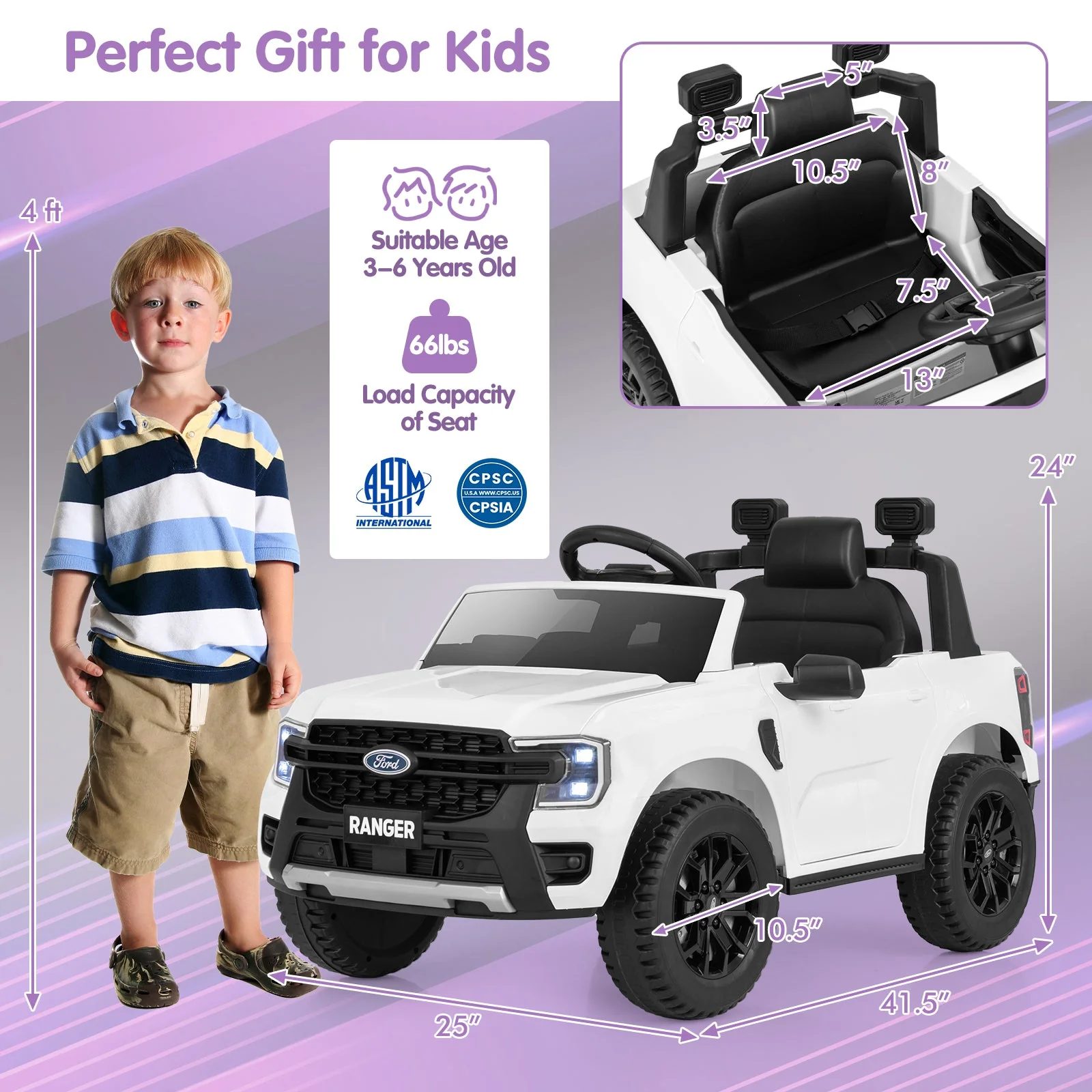 12V Electric Kids Ride on Car Licensed Ford Ranger with Remote Control and Music-White - Image 4