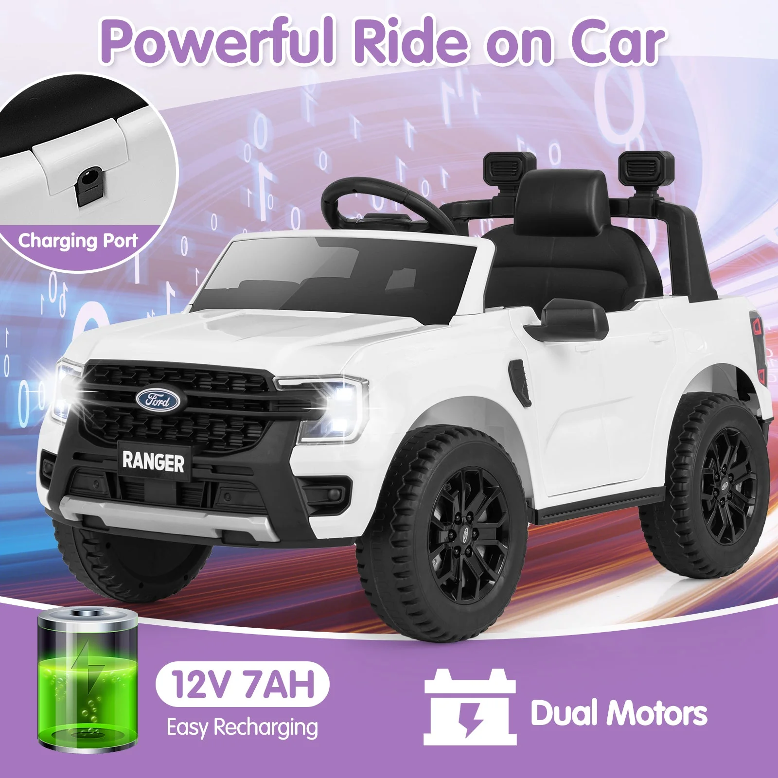 12V Electric Kids Ride on Car Licensed Ford Ranger with Remote Control and Music-White - Image 5