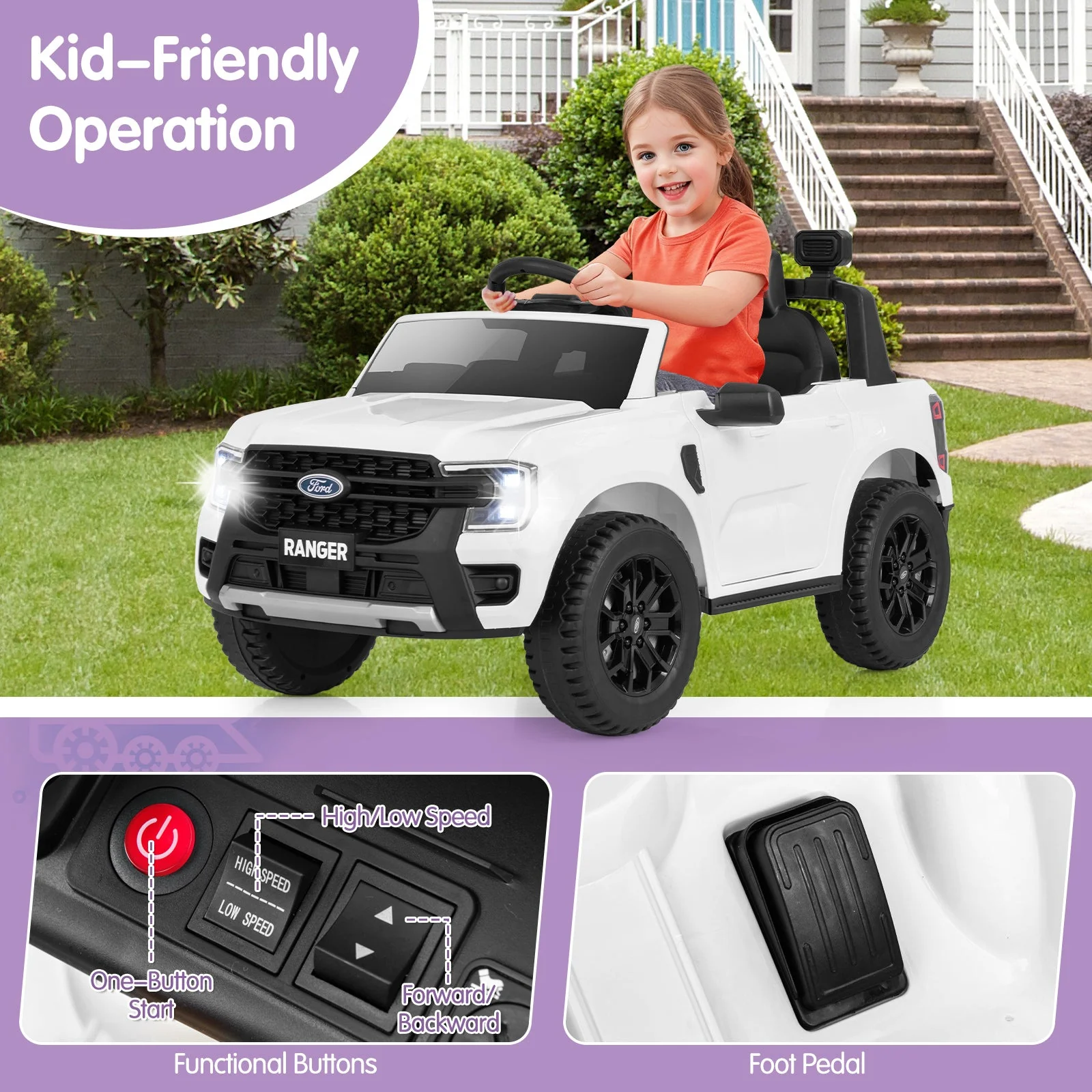 12V Electric Kids Ride on Car Licensed Ford Ranger with Remote Control and Music-White - Image 7