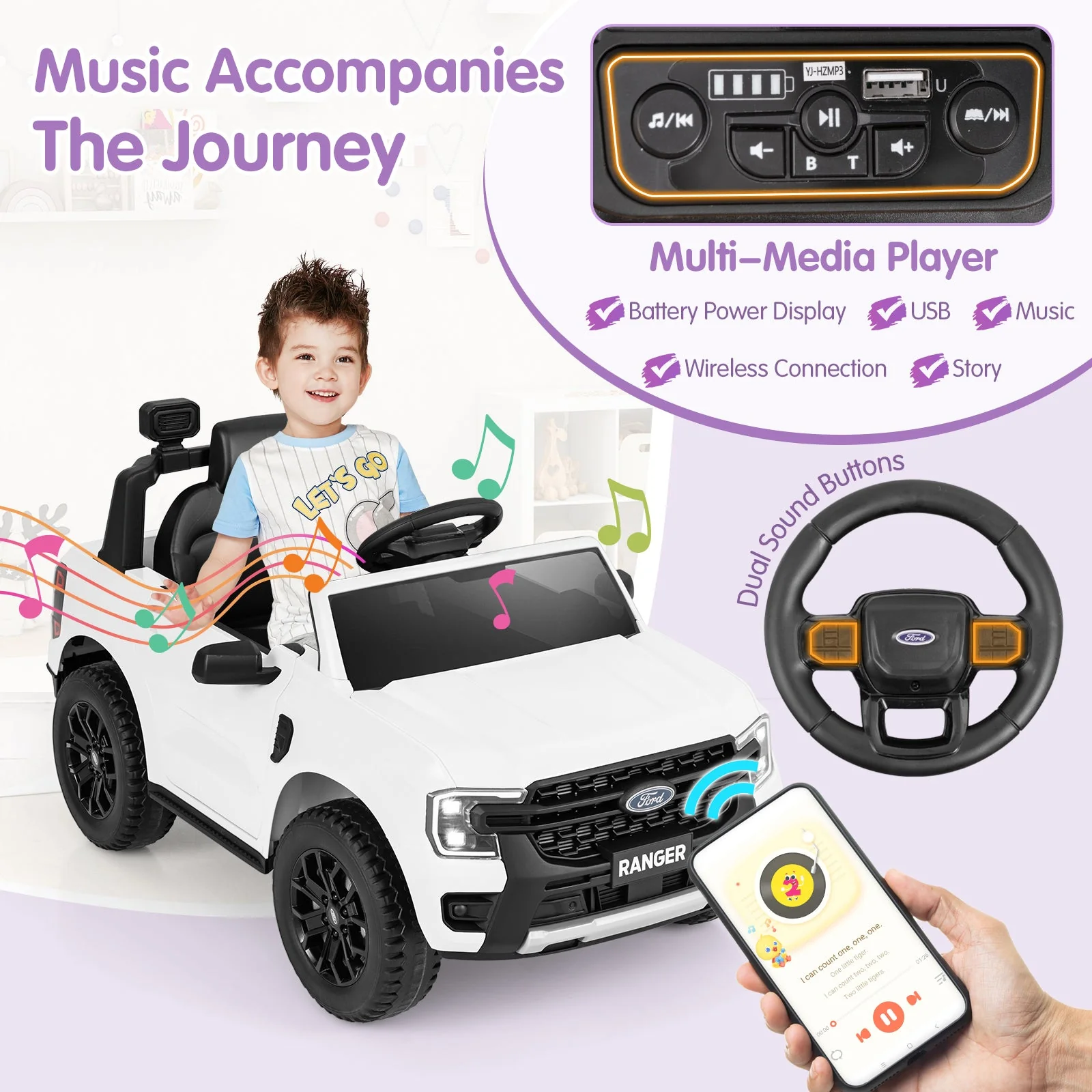 12V Electric Kids Ride on Car Licensed Ford Ranger with Remote Control and Music-White - Image 8