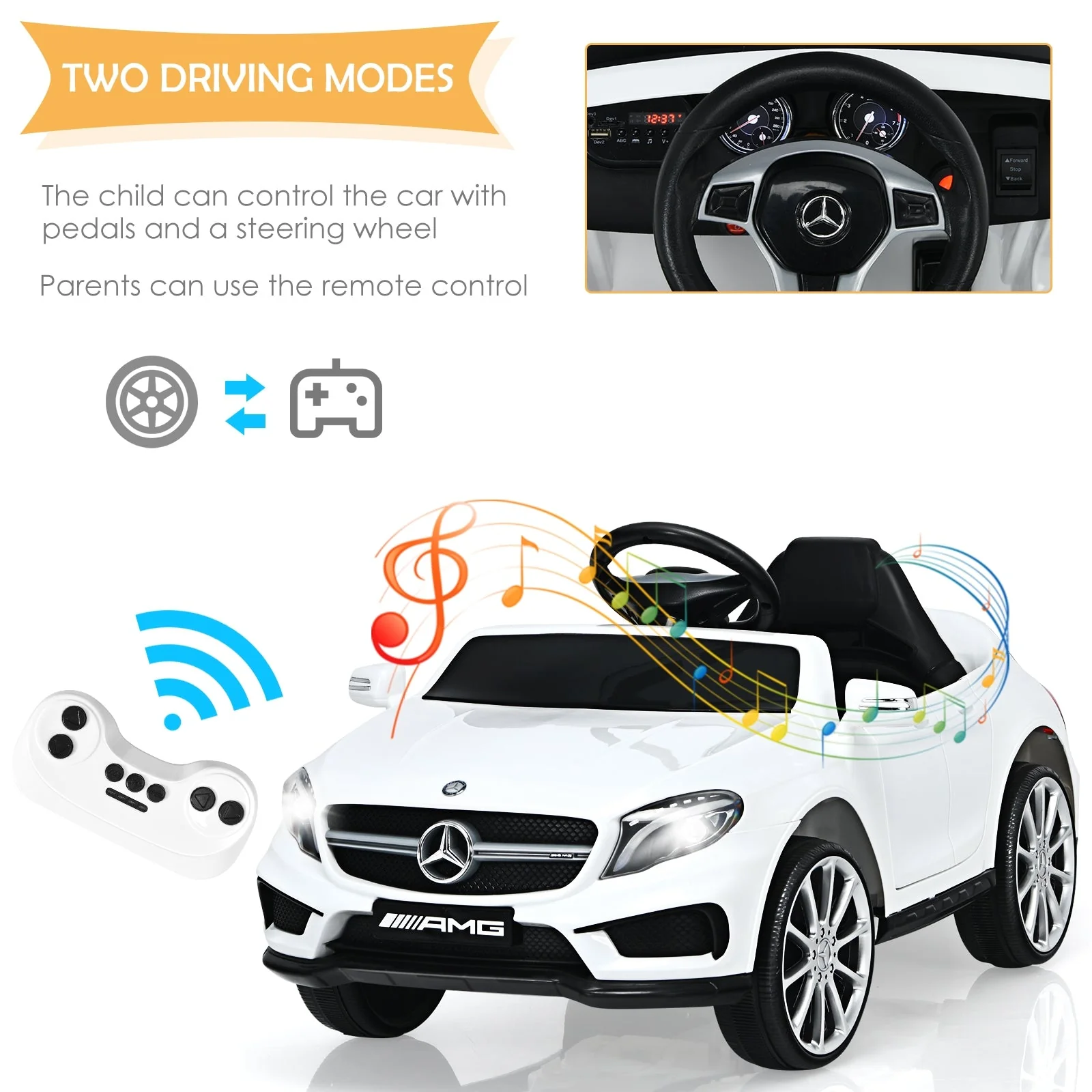 12V Electric Kids Ride On Car with Remote Control-White - Image 6