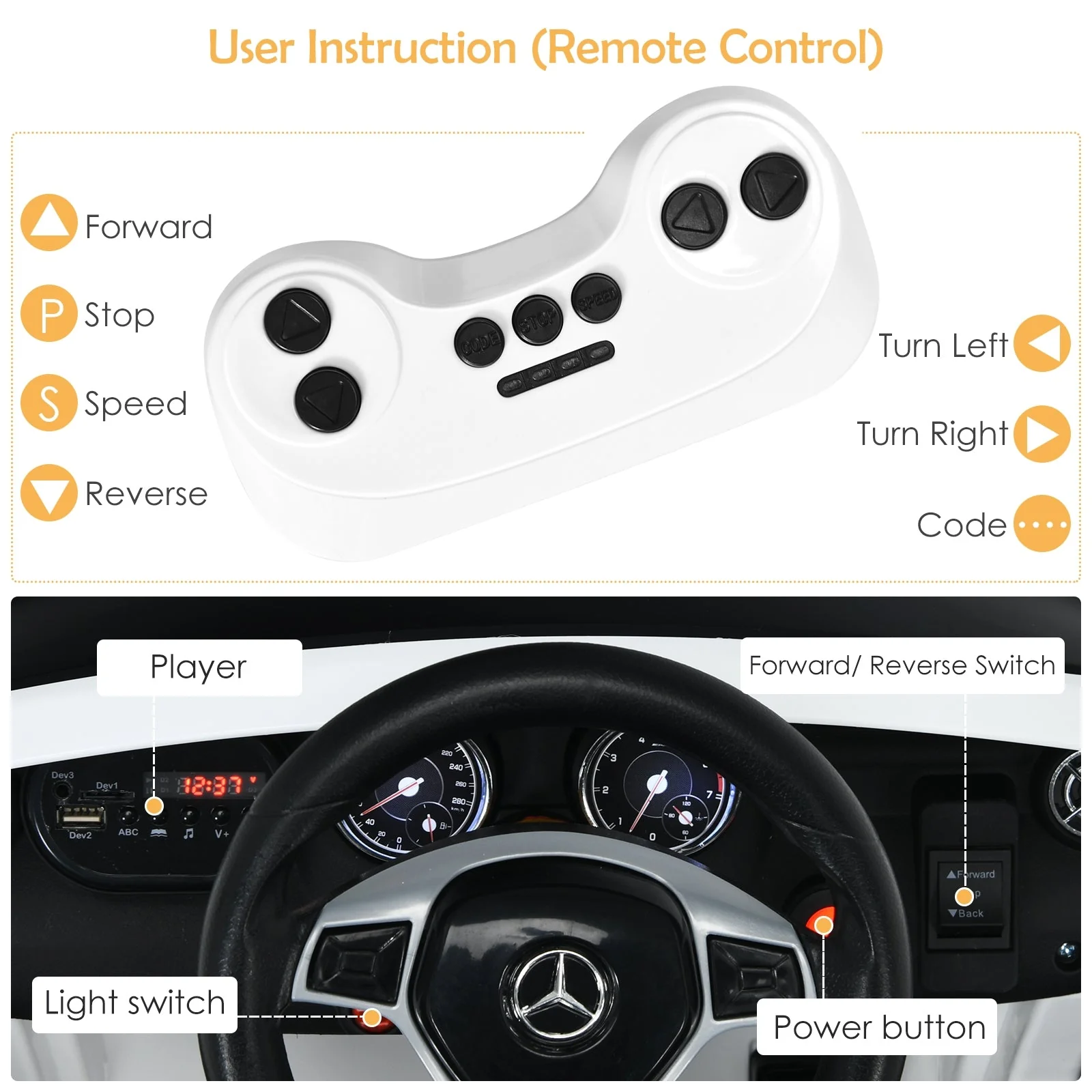 12V Electric Kids Ride On Car with Remote Control-White - Image 8
