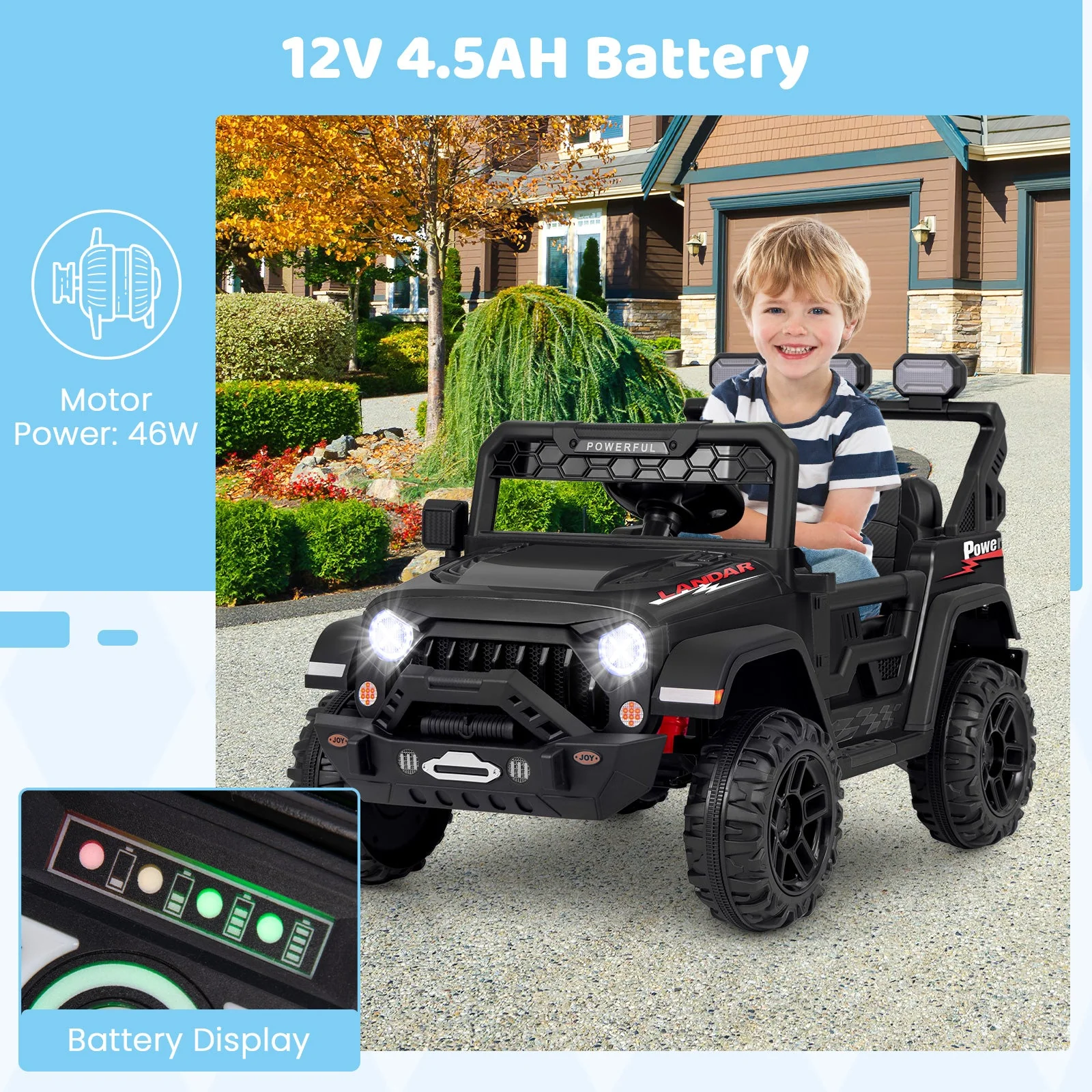 12V Electric Kids Ride on Truck with Remote Control and Music-Black - Image 5