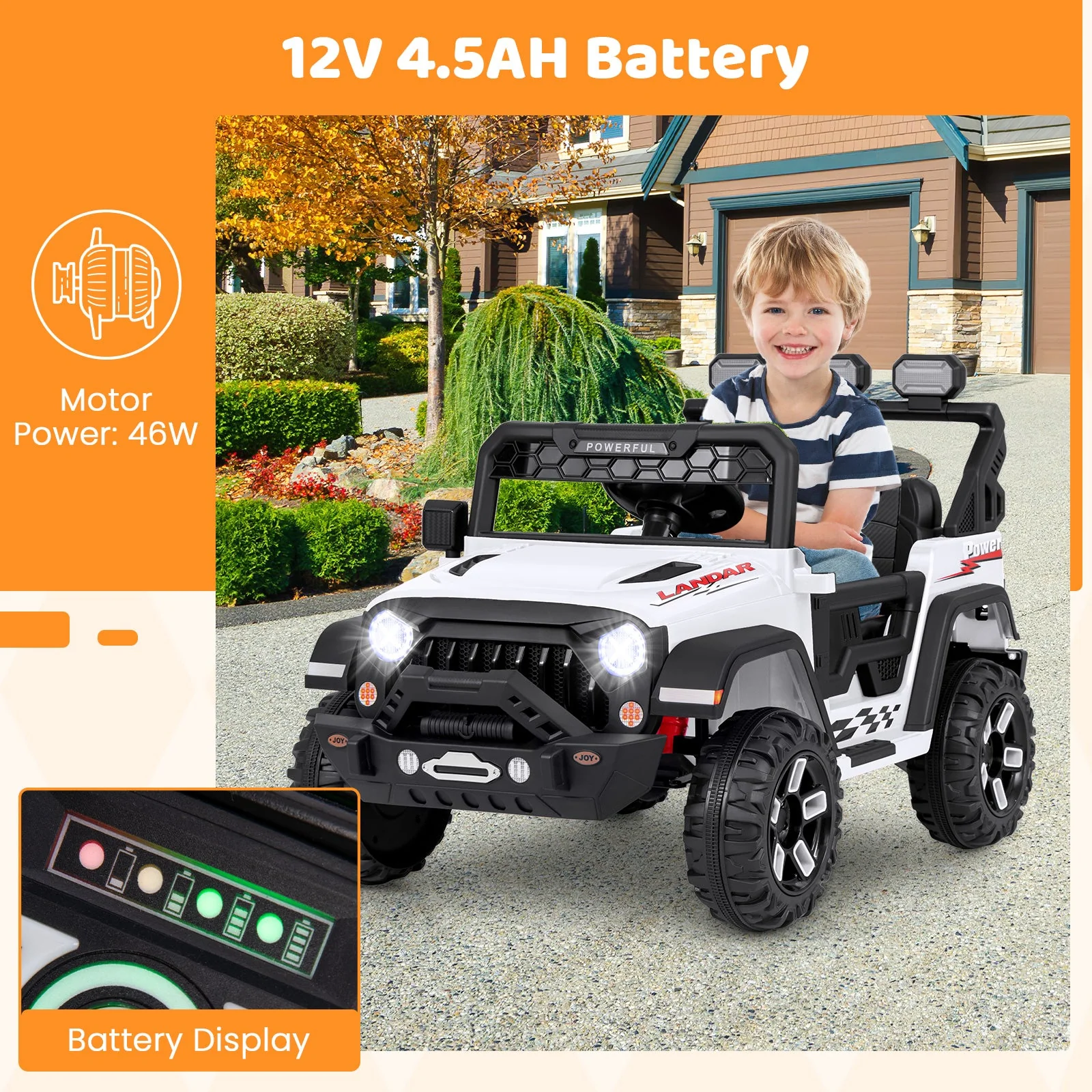 12V Electric Kids Ride on Truck with Remote Control and Music-White - Image 8