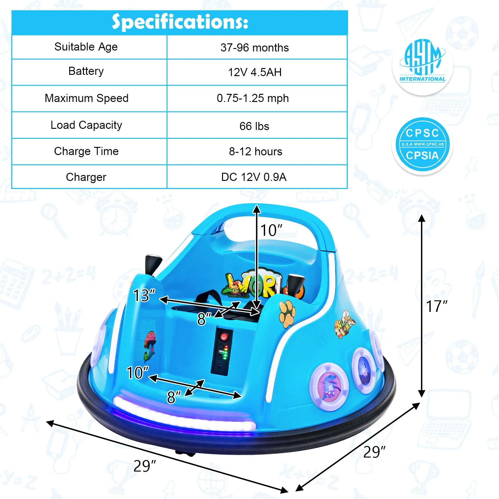 12V Electric Ride On Car with Remote Control and Flashing LED Lights-Navy - Image 4