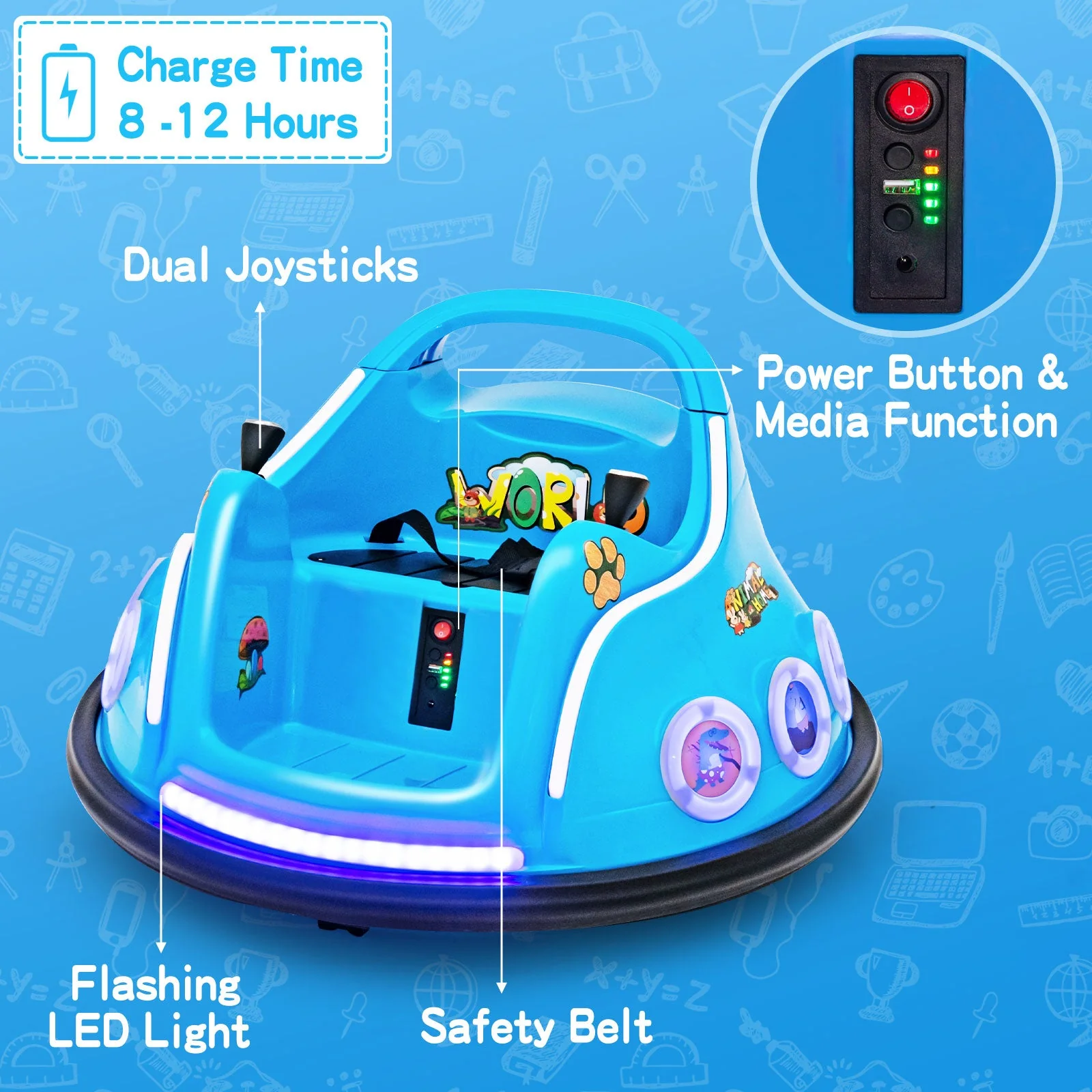 12V Electric Ride On Car with Remote Control and Flashing LED Lights-Navy - Image 8