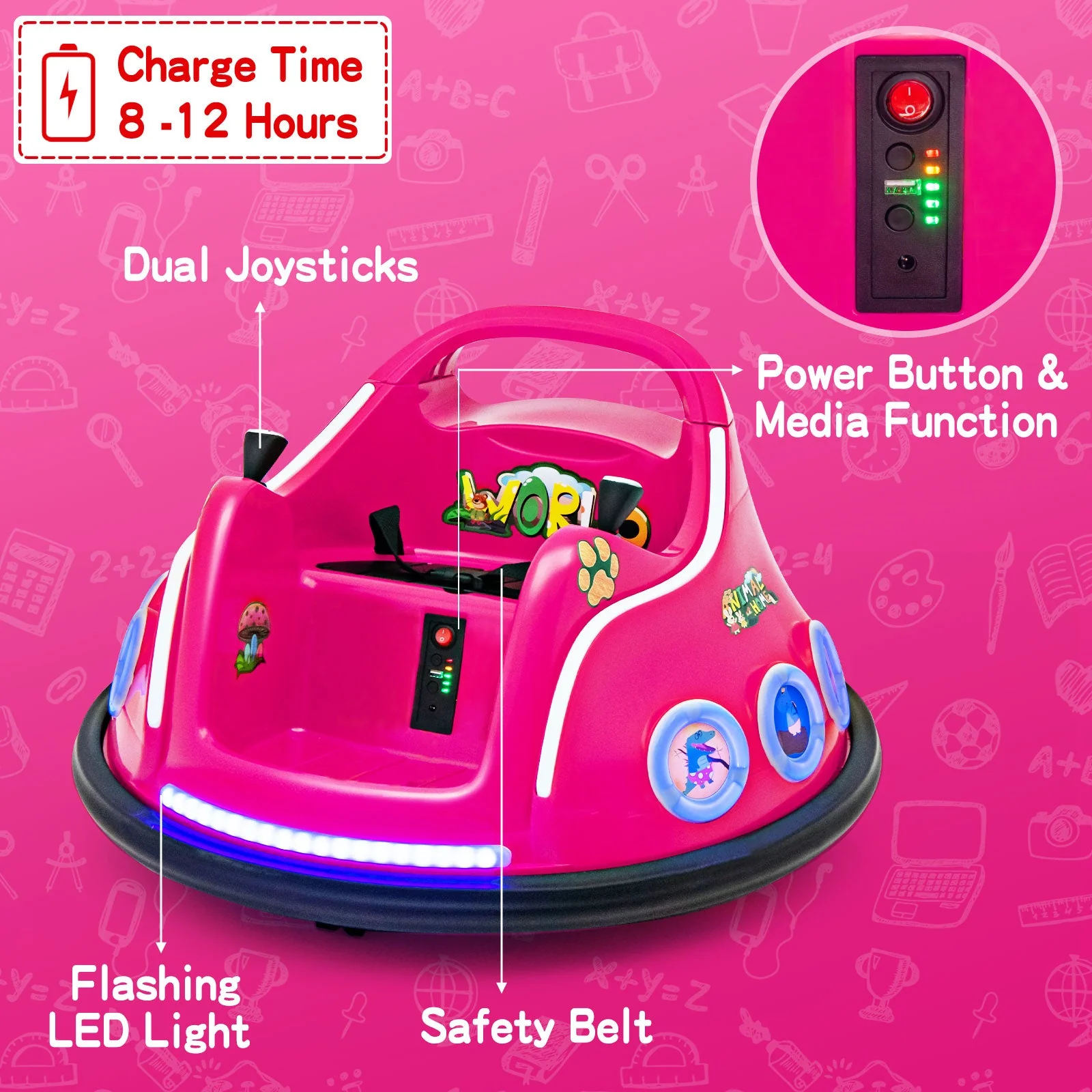 12V Electric Ride On Car with Remote Control and Flashing LED Lights-Pink - Image 8