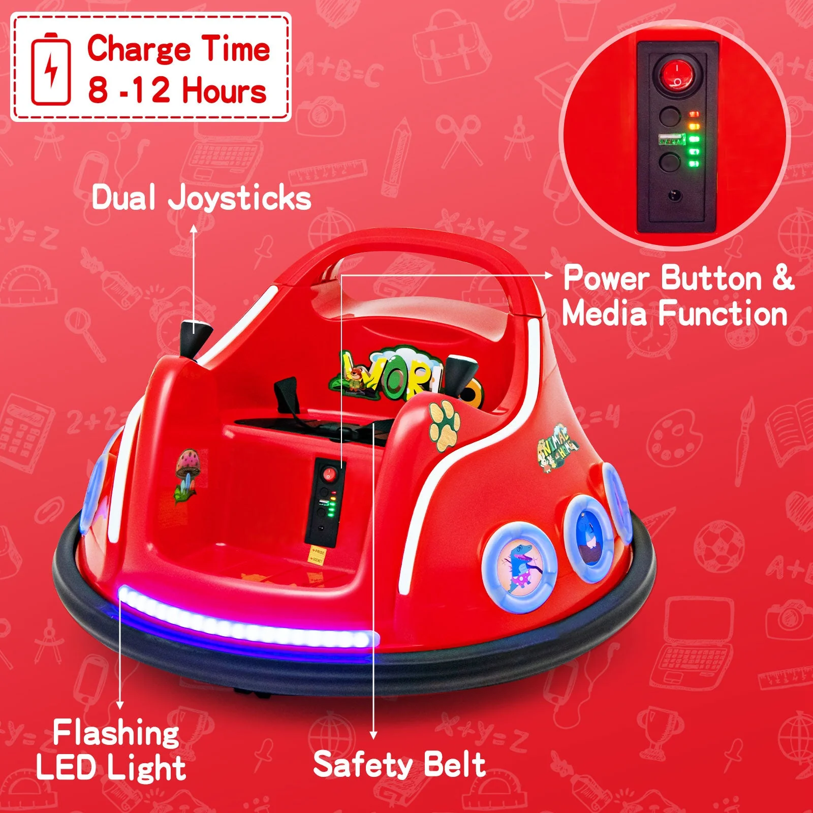 12V Electric Ride On Car with Remote Control and Flashing LED Lights-Red - Image 8
