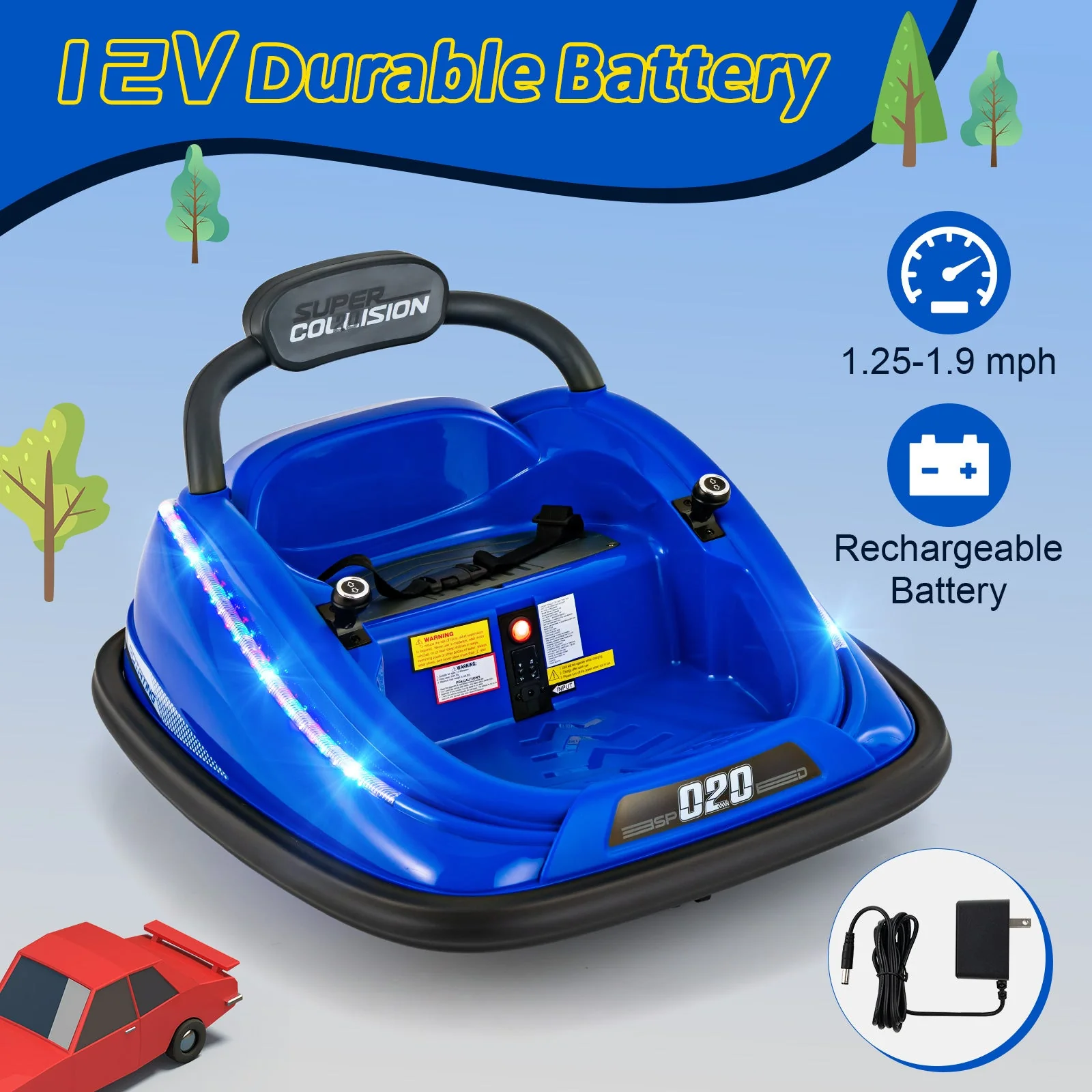 12V Kids Bumper Car Ride on Toy with Remote Control and 360 Degree Spin Rotation-Blue - Image 8