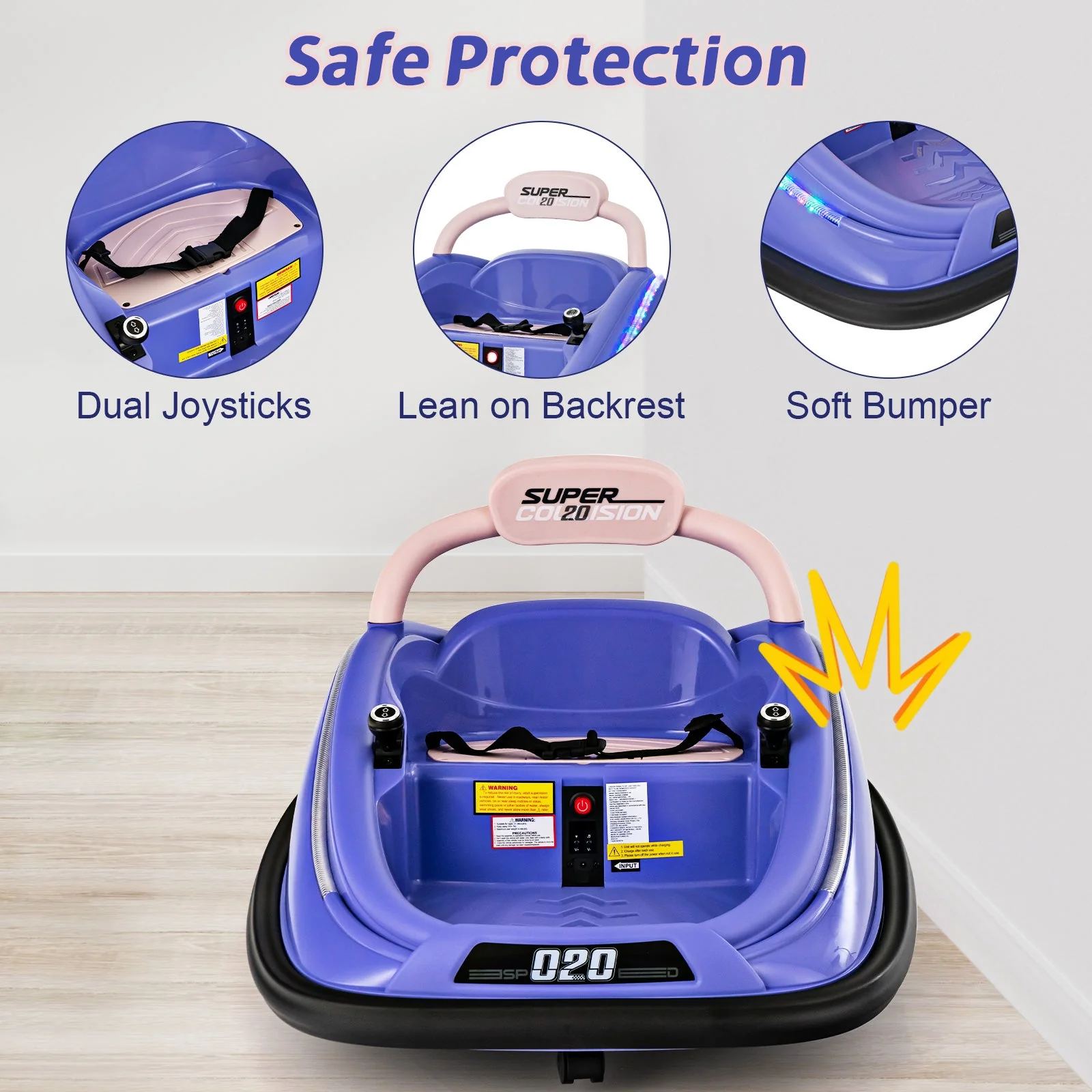 12V Kids Bumper Car Ride on Toy with Remote Control and 360 Degree Spin Rotation-Purple - Image 7