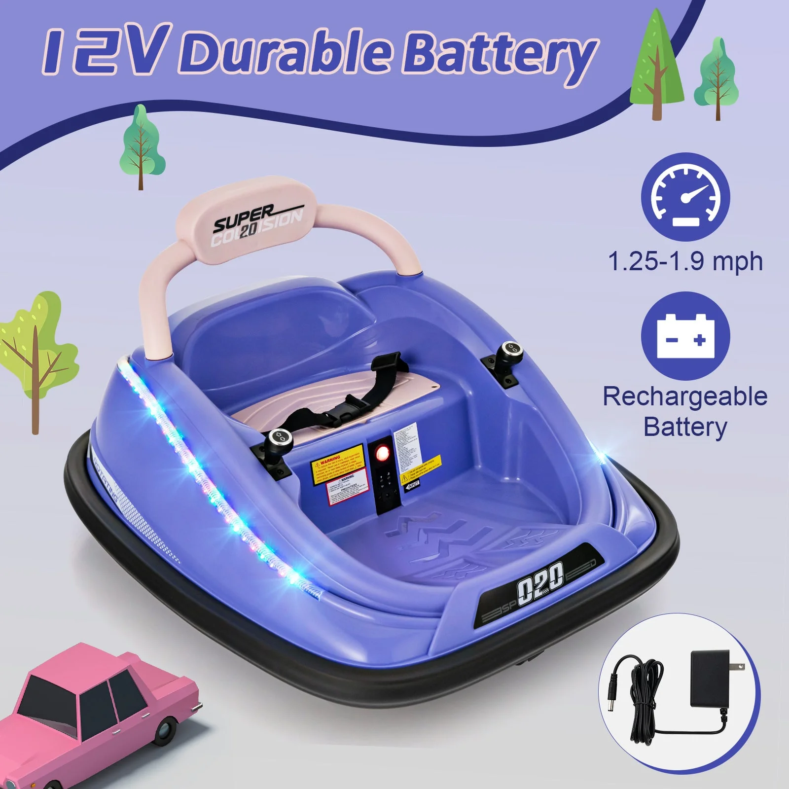 12V Kids Bumper Car Ride on Toy with Remote Control and 360 Degree Spin Rotation-Purple - Image 8