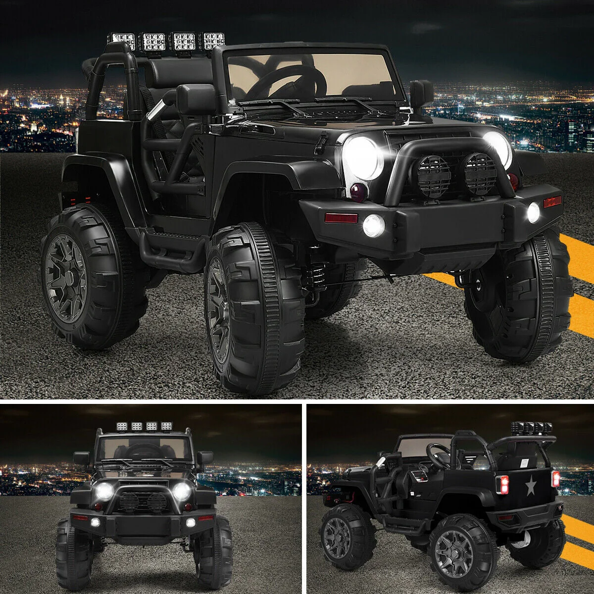 12V Kids Remote Control Riding Truck Car with LED Lights-Black - Image 3