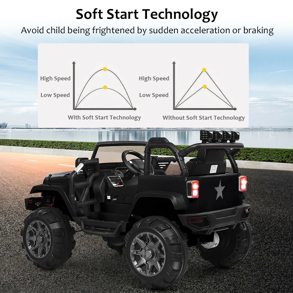 12V Kids Remote Control Riding Truck Car with LED Lights-Black - Image 5