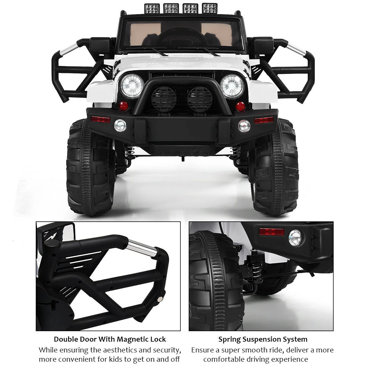 12V Kids Remote Control Riding Truck Car with LED Lights-White - Image 5
