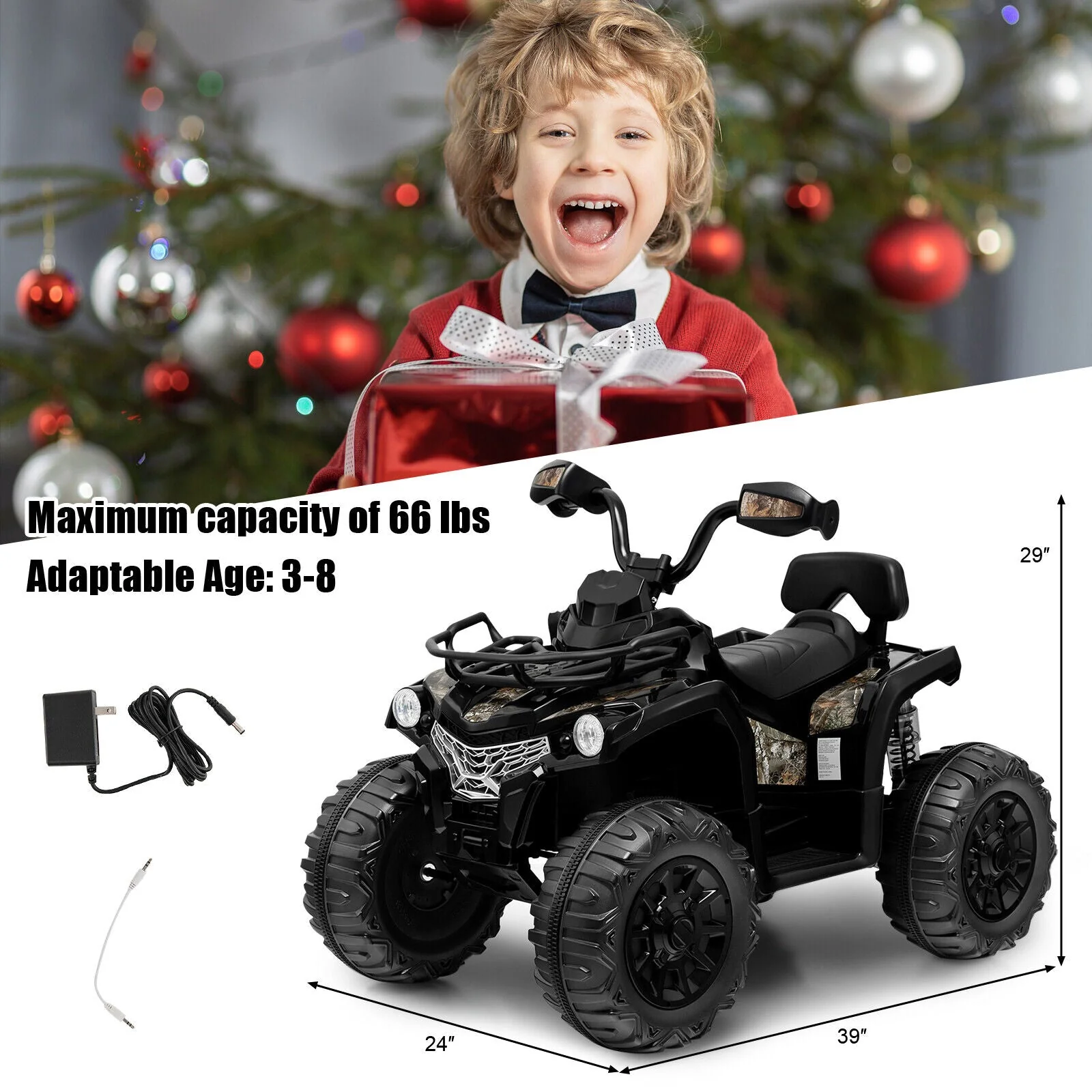 12V Kids Ride On ATV 4 Wheeler with MP3 and Headlights-Black - Image 4