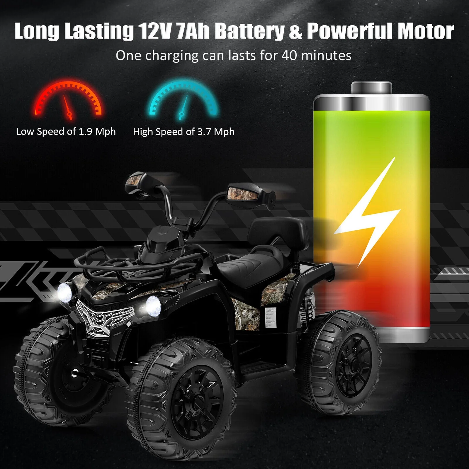 12V Kids Ride On ATV 4 Wheeler with MP3 and Headlights-Black - Image 8