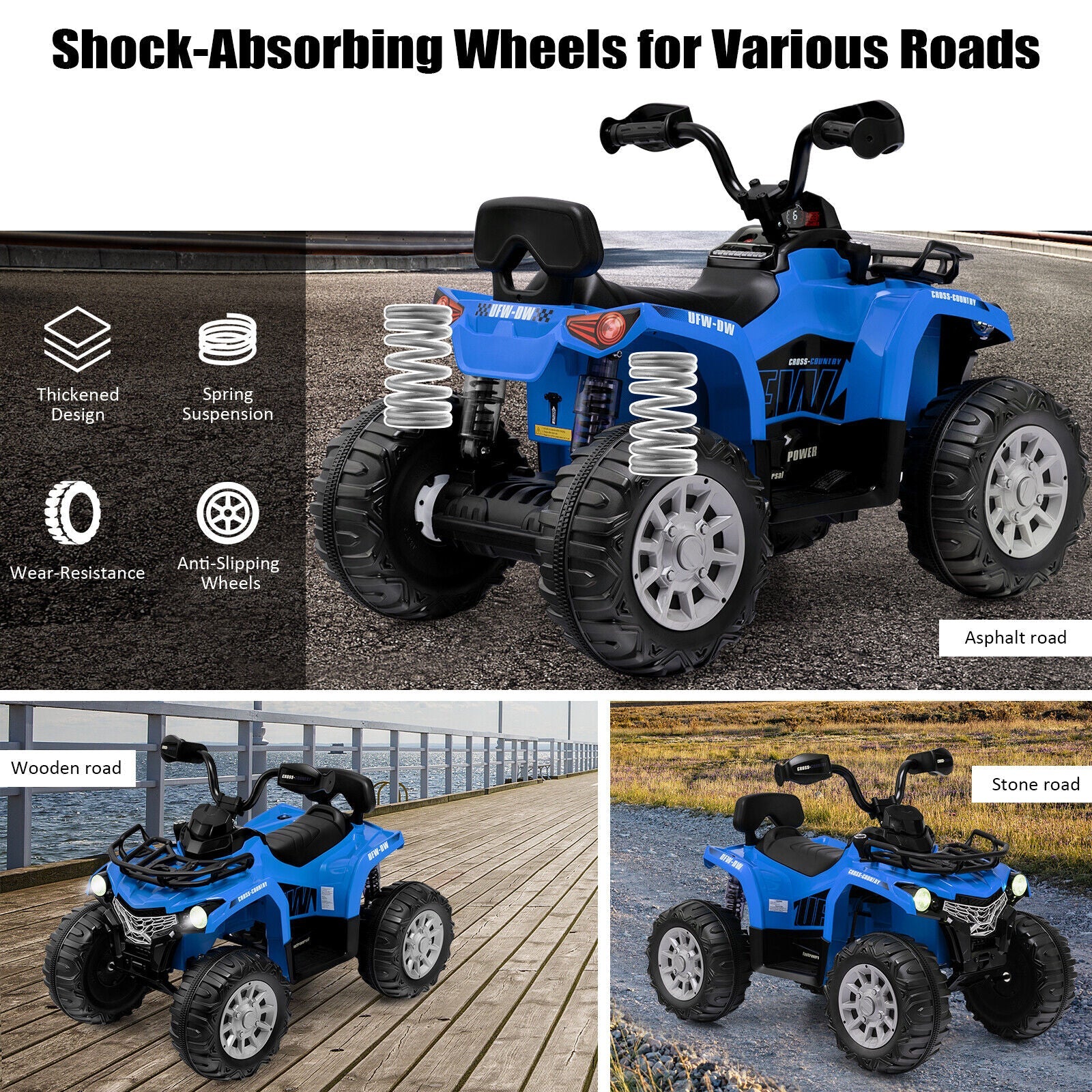 12V Kids Ride On ATV 4 Wheeler with MP3 and Headlights-Blue - Image 2