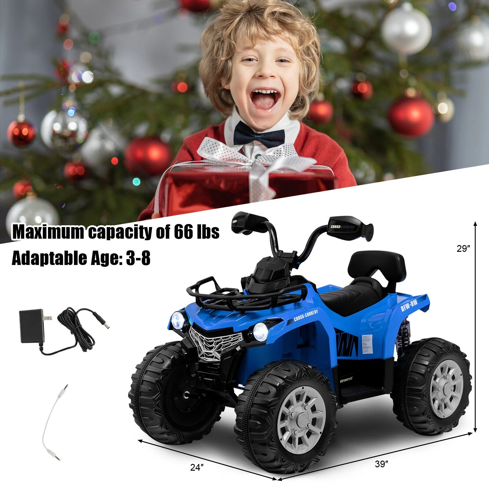 12V Kids Ride On ATV 4 Wheeler with MP3 and Headlights-Blue - Image 4