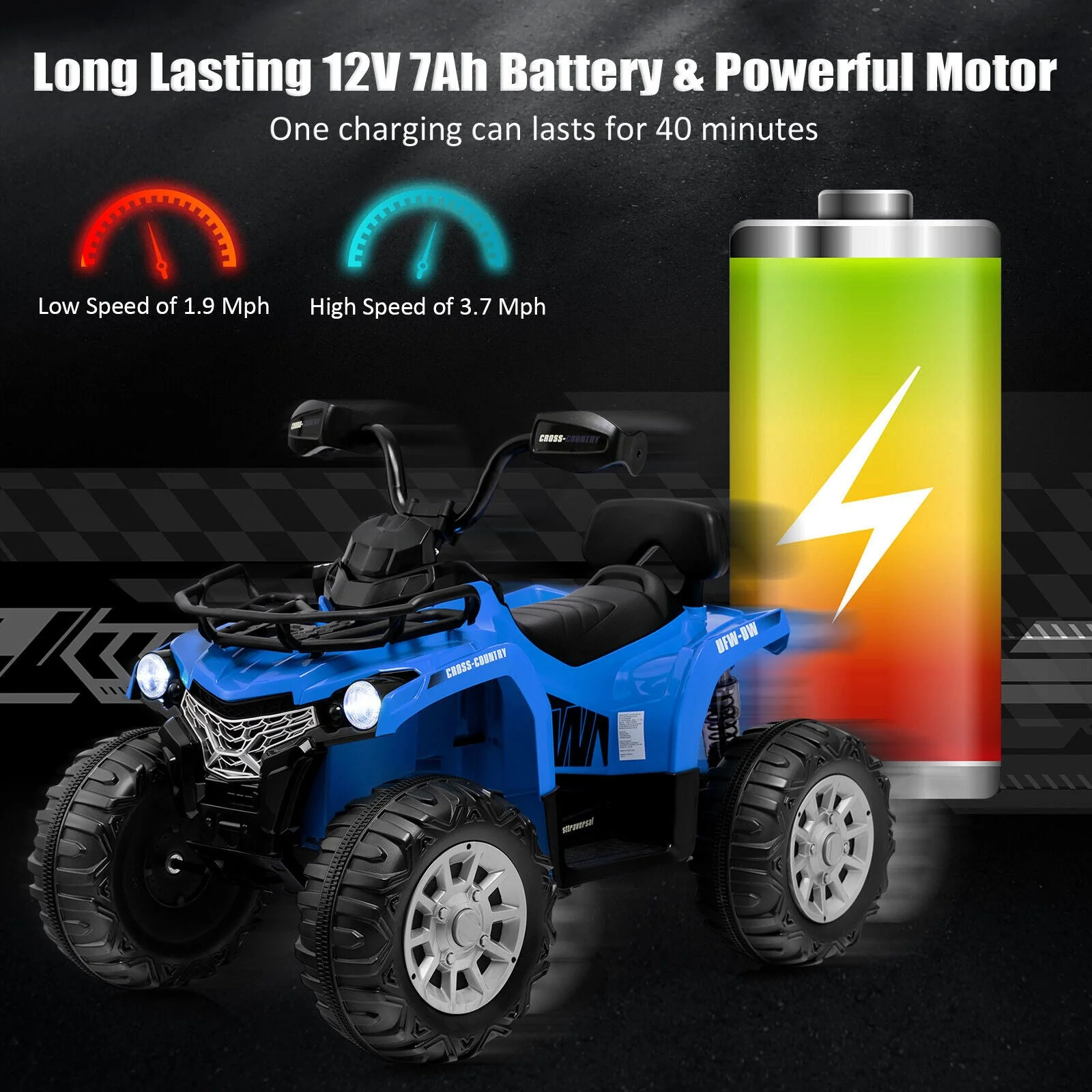 12V Kids Ride On ATV 4 Wheeler with MP3 and Headlights-Blue - Image 8