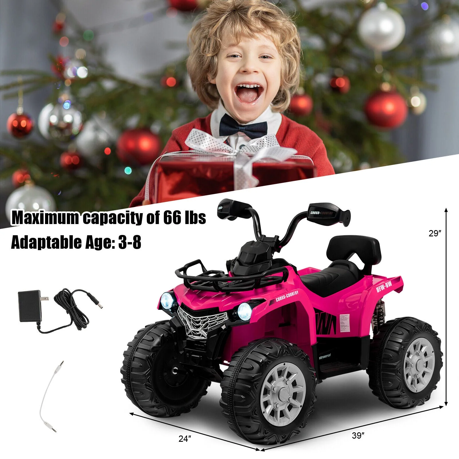12V Kids Ride On ATV 4 Wheeler with MP3 and Headlights-Pink - Image 4
