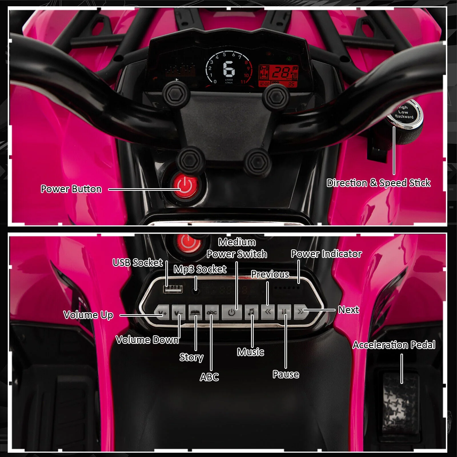 12V Kids Ride On ATV 4 Wheeler with MP3 and Headlights-Pink - Image 5