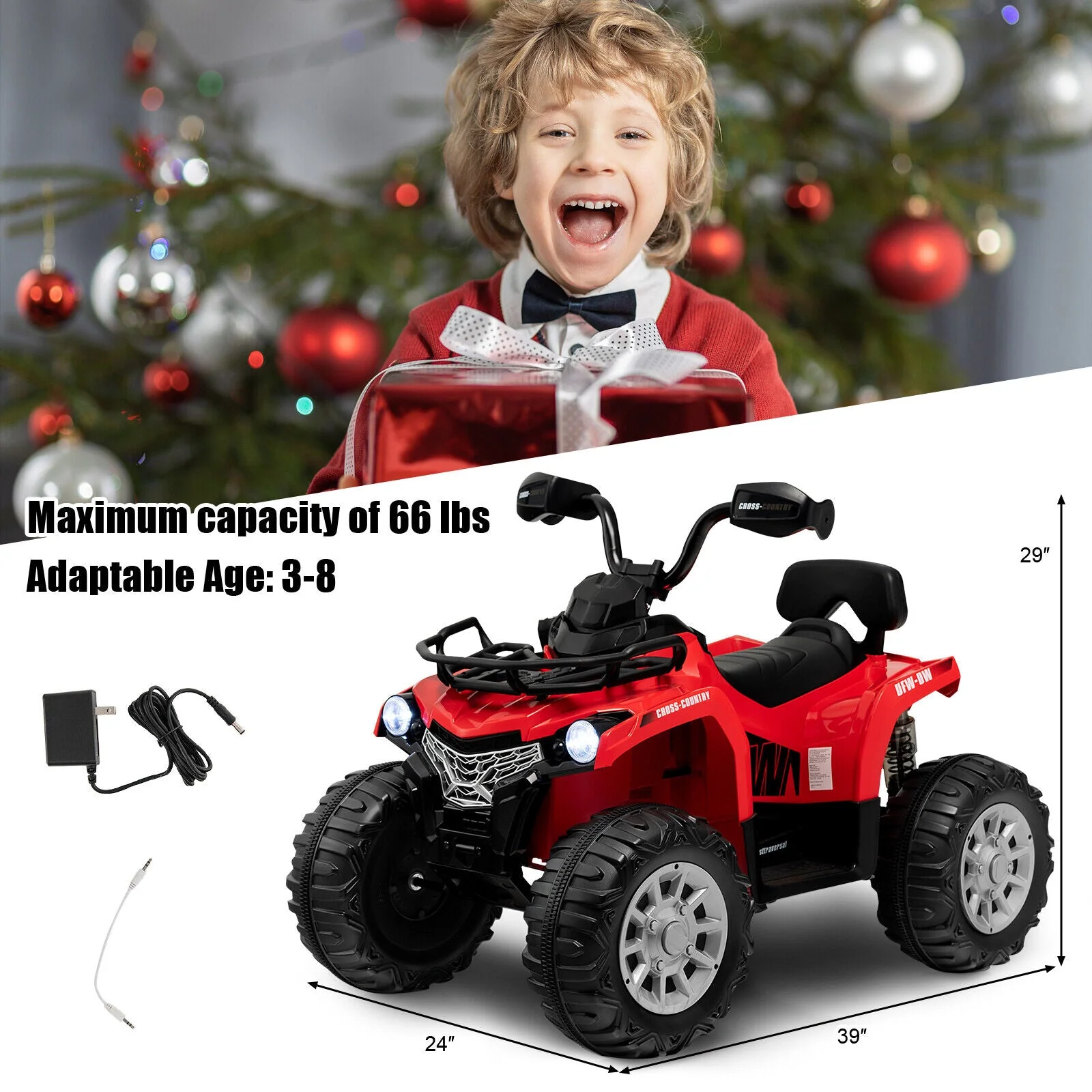12V Kids Ride On ATV 4 Wheeler with MP3 and Headlights-Red - Image 4