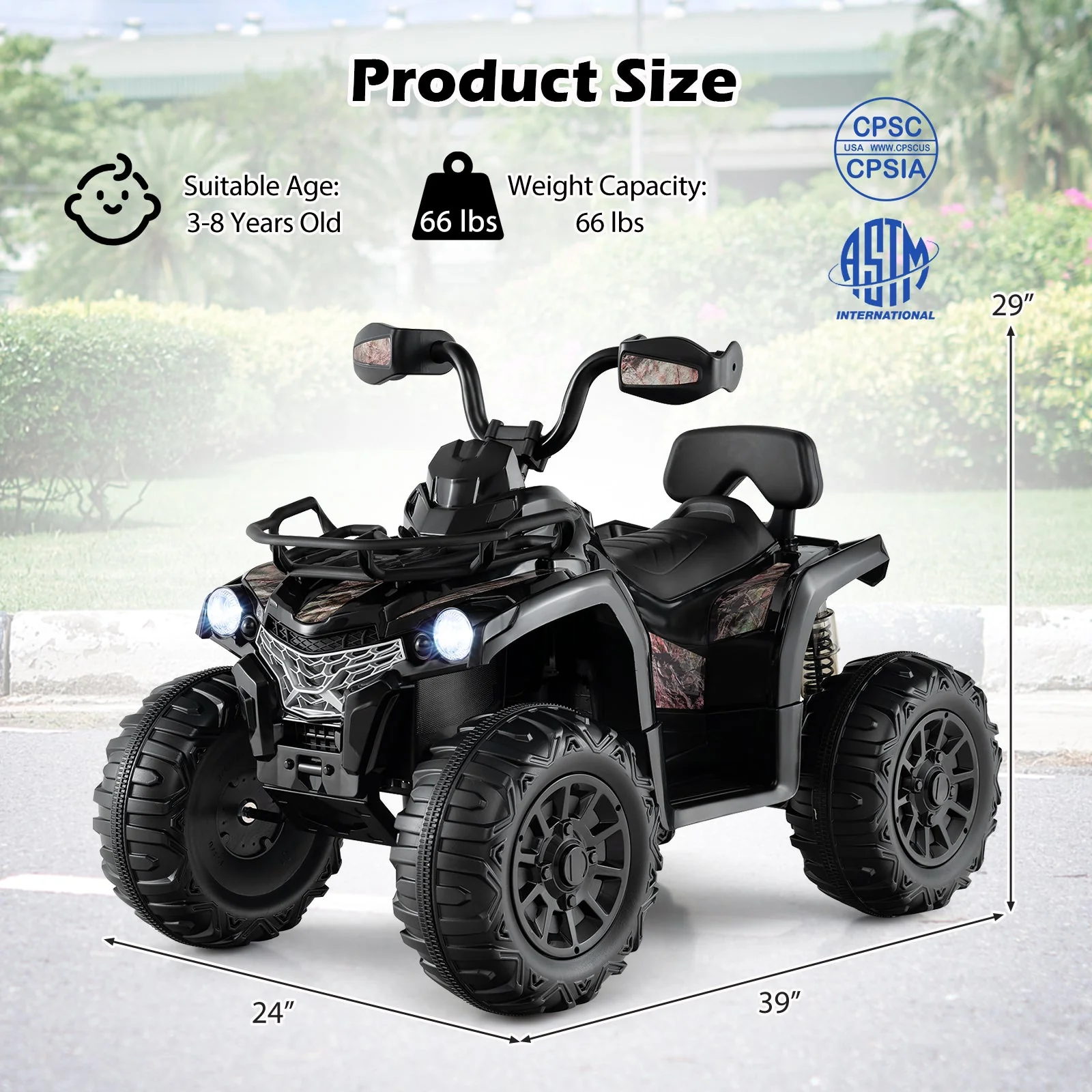 12V Kids Ride On ATV 4 Wheeler with MP3 and Headlights-Solid Black - Image 5