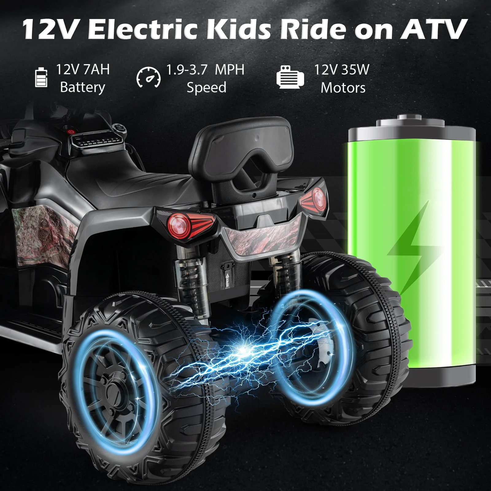 12V Kids Ride On ATV 4 Wheeler with MP3 and Headlights-Solid Black - Image 6