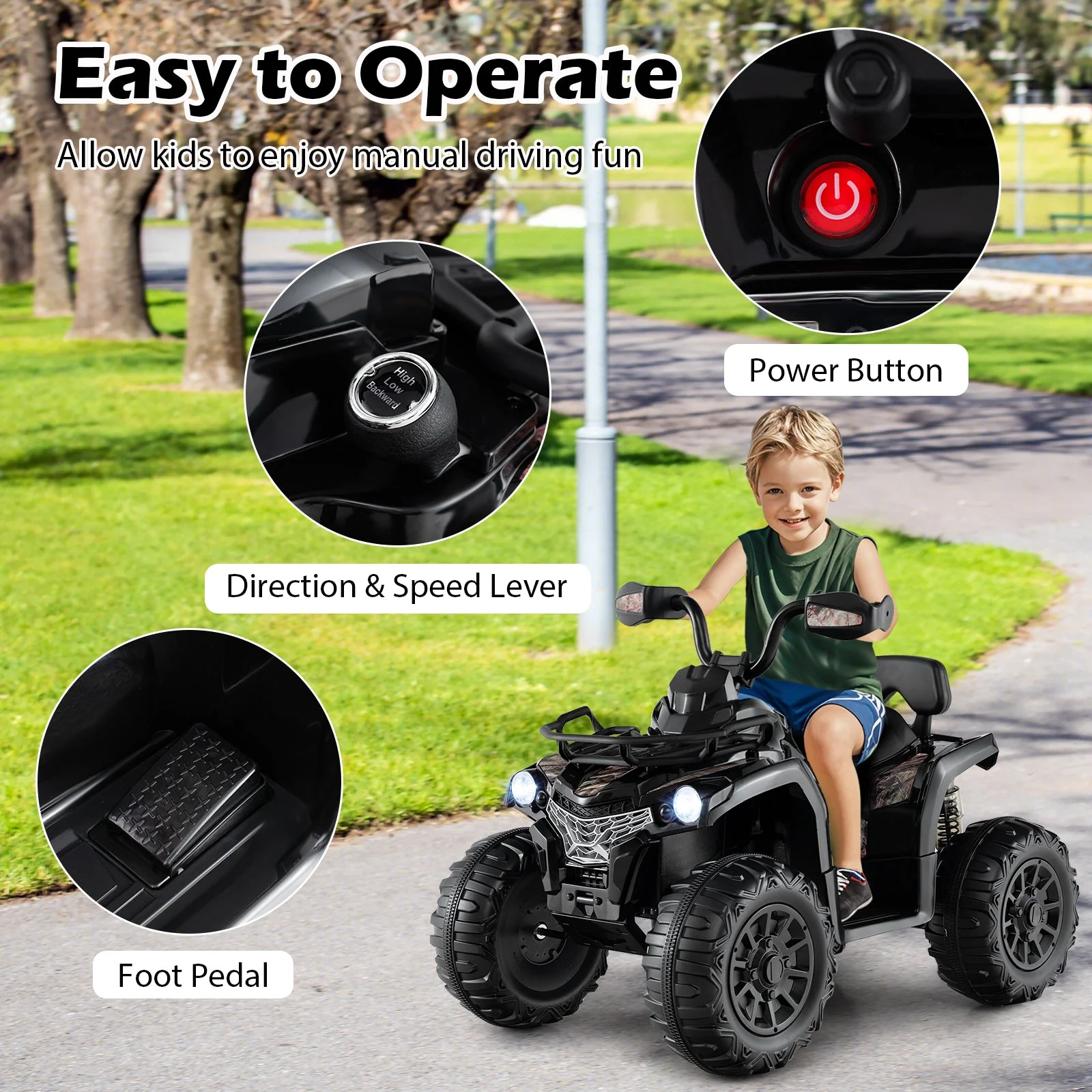 12V Kids Ride On ATV 4 Wheeler with MP3 and Headlights-Solid Black - Image 7