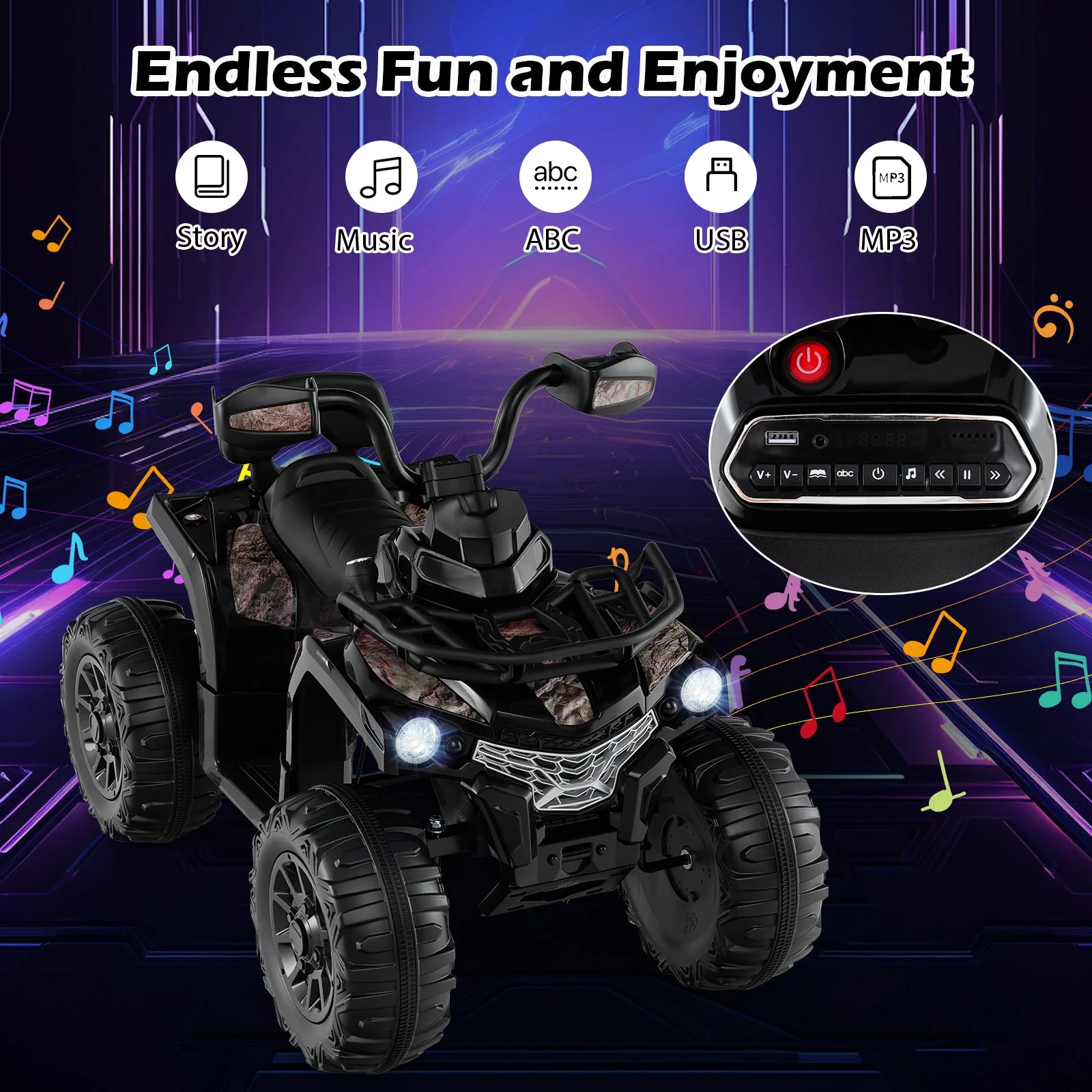 12V Kids Ride On ATV 4 Wheeler with MP3 and Headlights-Solid Black - Image 8