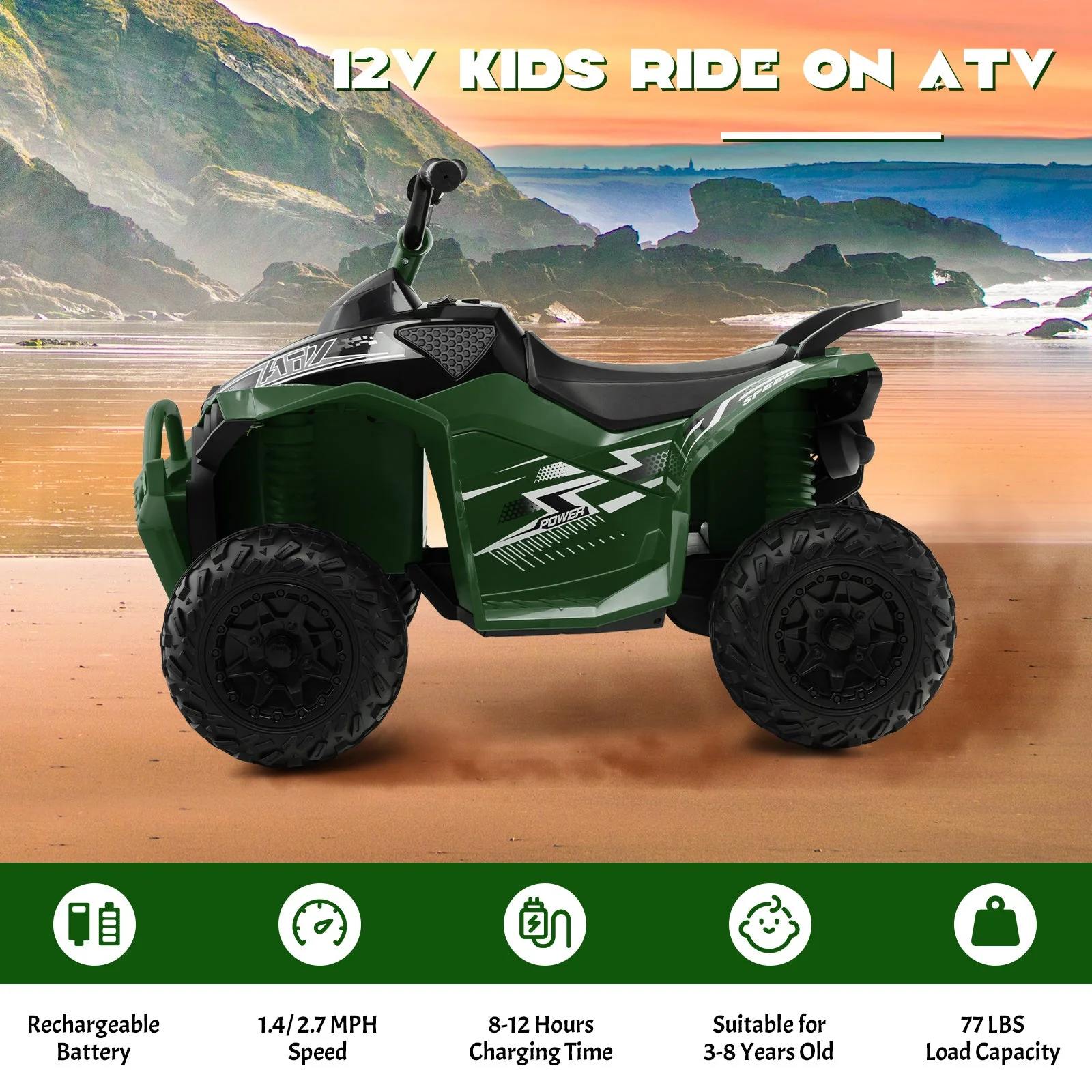 12V Kids Ride On ATV with High/Low Speed and Comfortable Seat-Army Green - Image 6