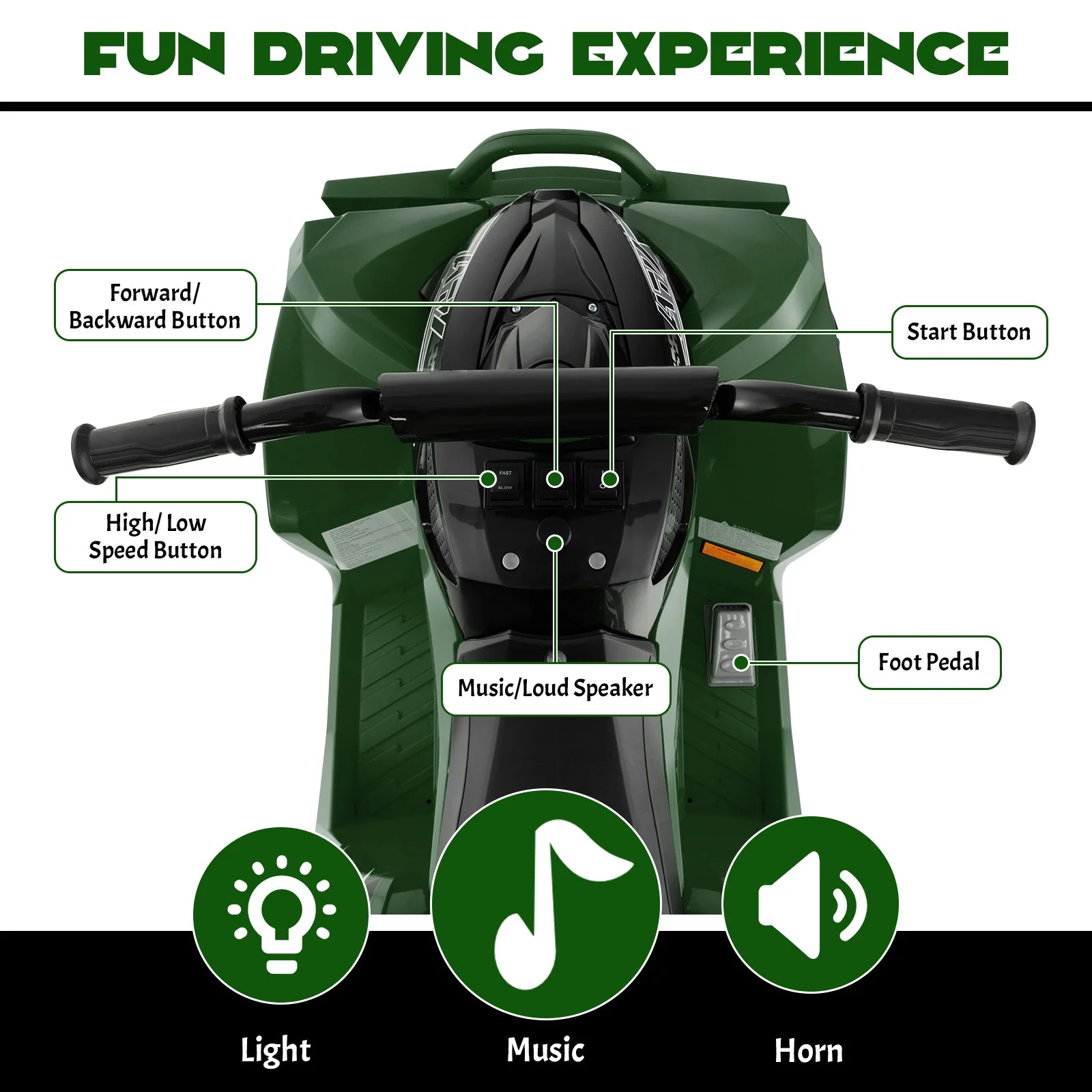 12V Kids Ride On ATV with High/Low Speed and Comfortable Seat-Army Green - Image 7